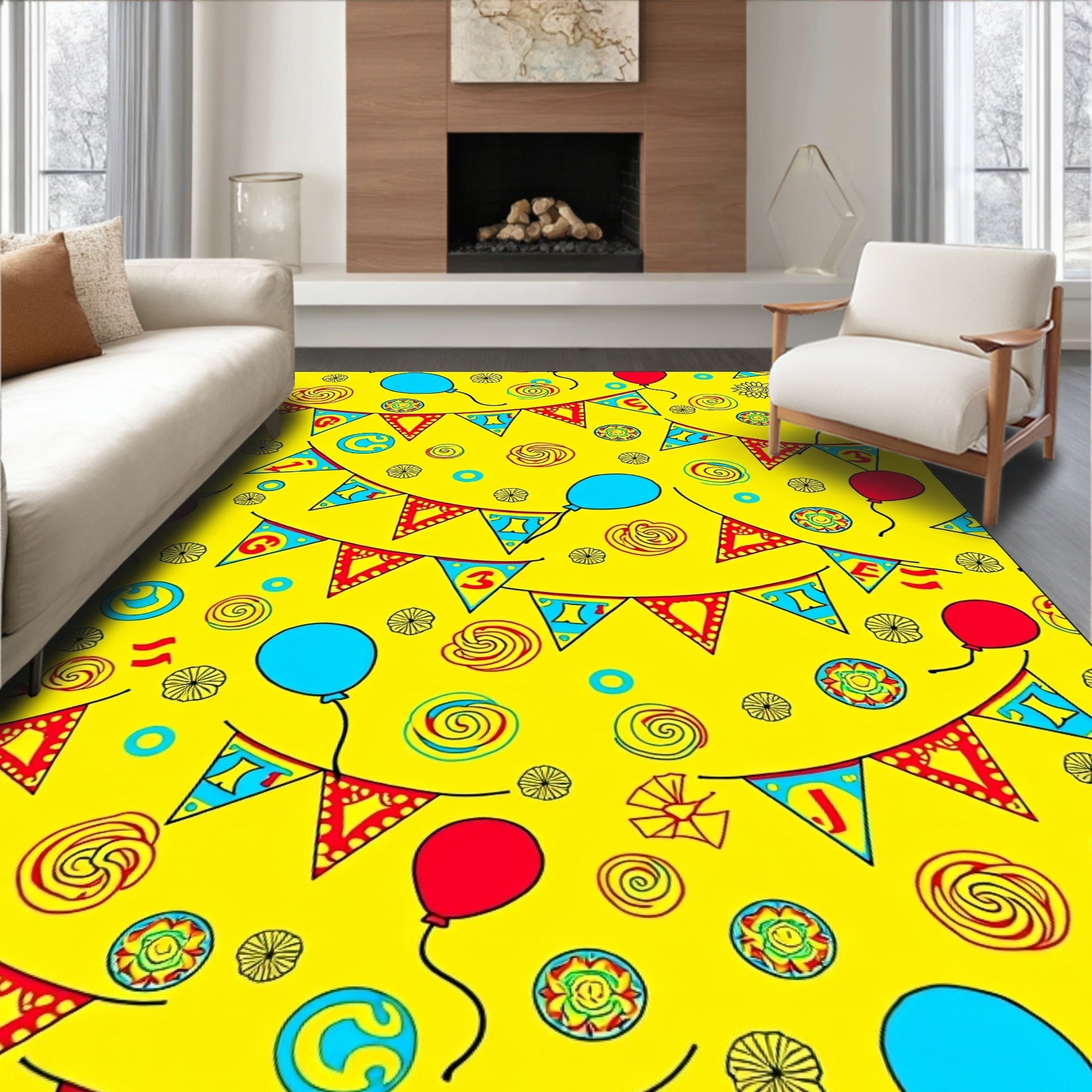 Red Blue Balloon Bunting Celebration Swirls Rug