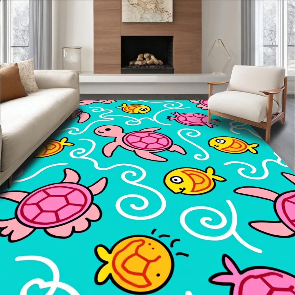 Pink Sea Turtle Yellow Fish Swirls Teal Rug