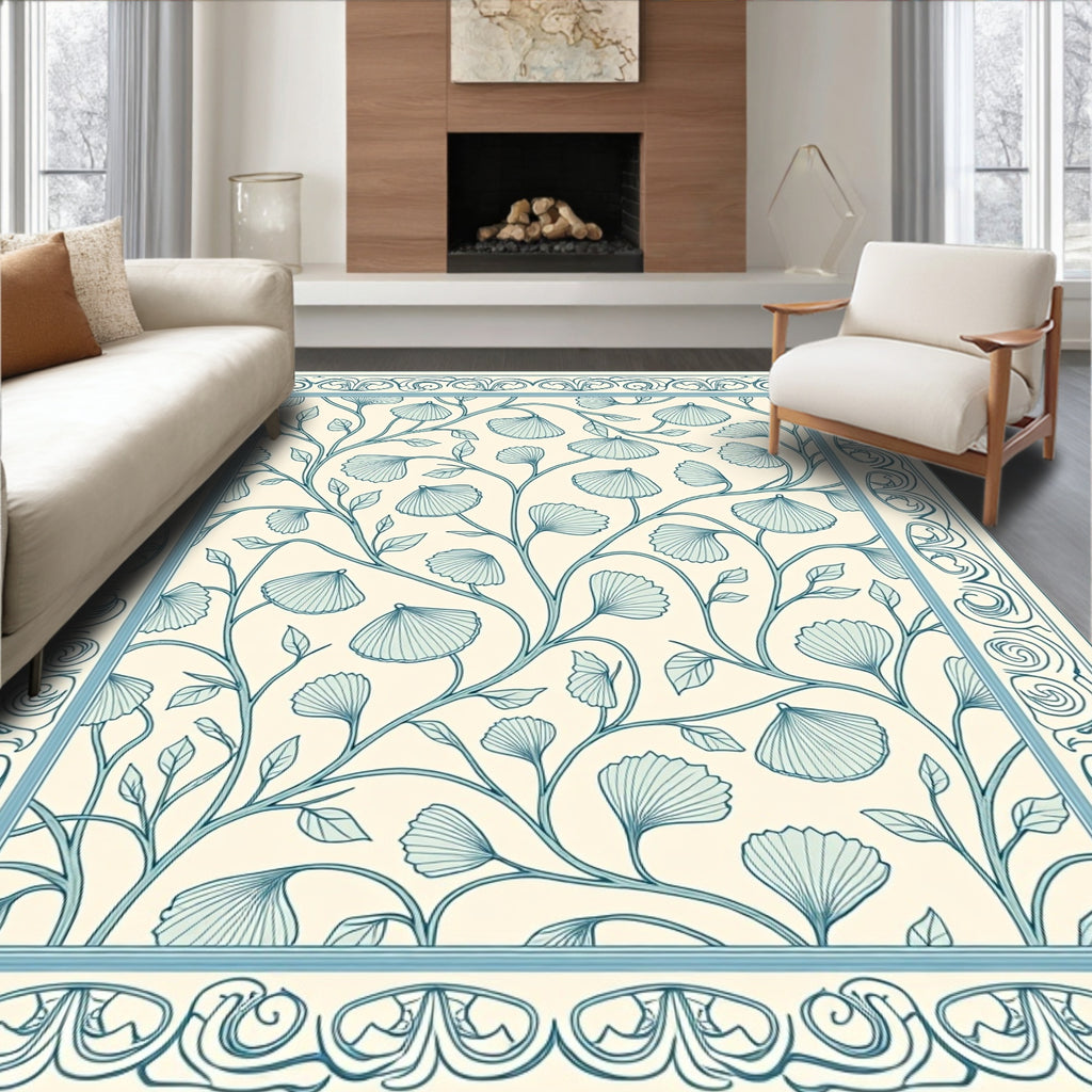 Delicate Blue Ginkgo Leaf Border Rug