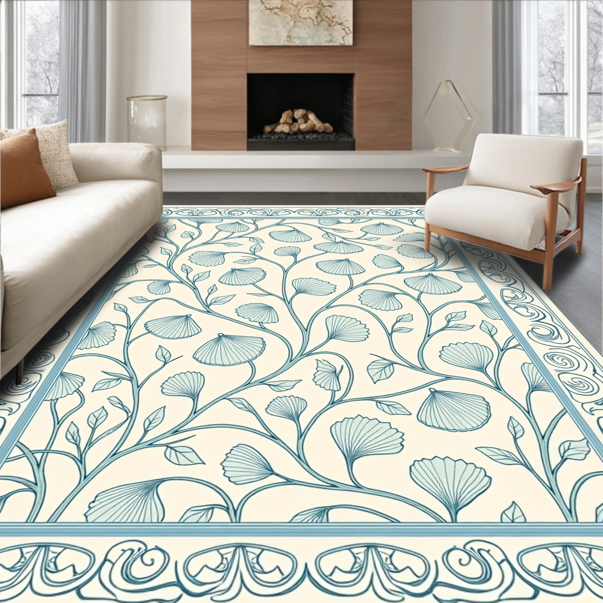 Delicate Blue Ginkgo Leaf Border Rug