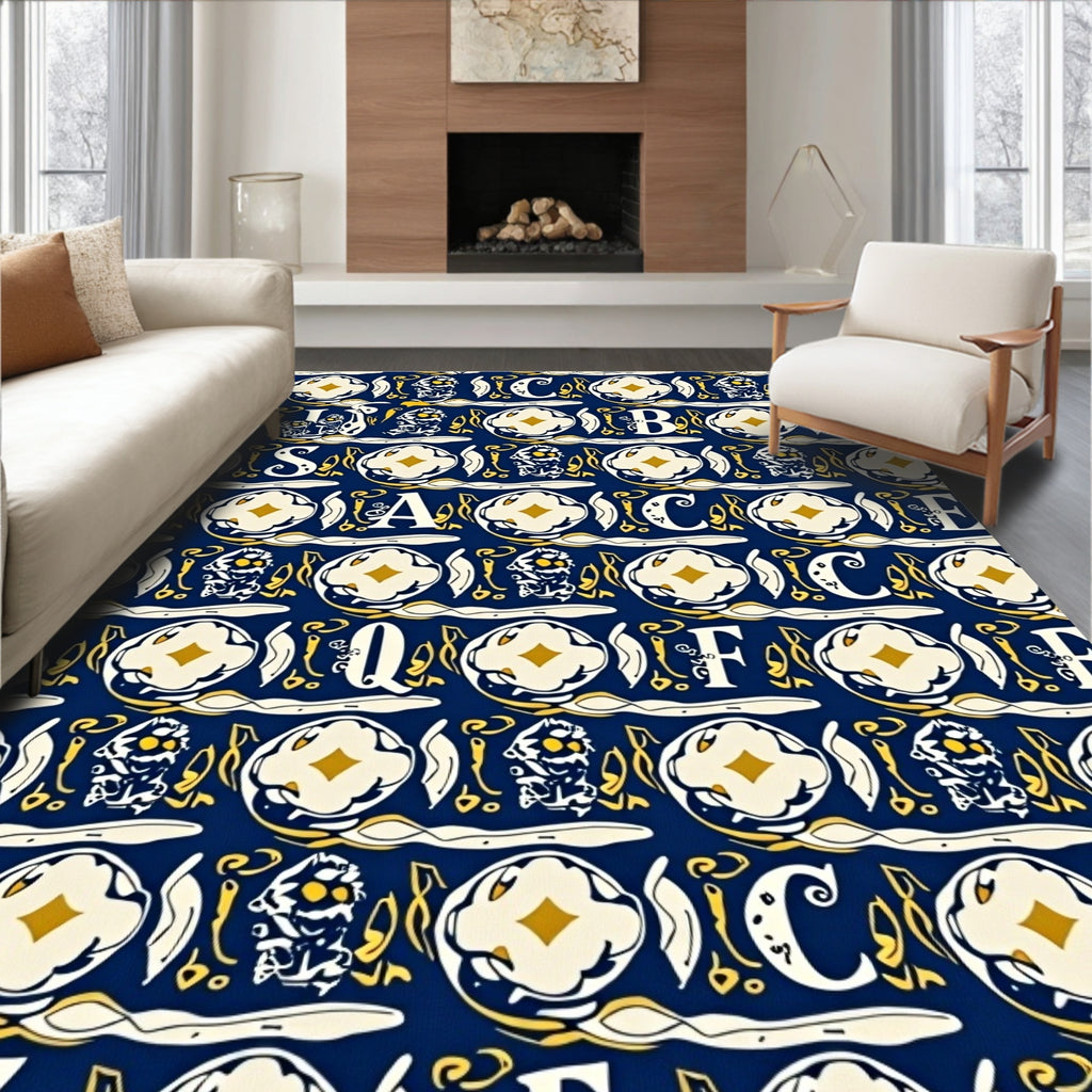 Navy Blue Golden Alphabet Medieval Tapestry Rug