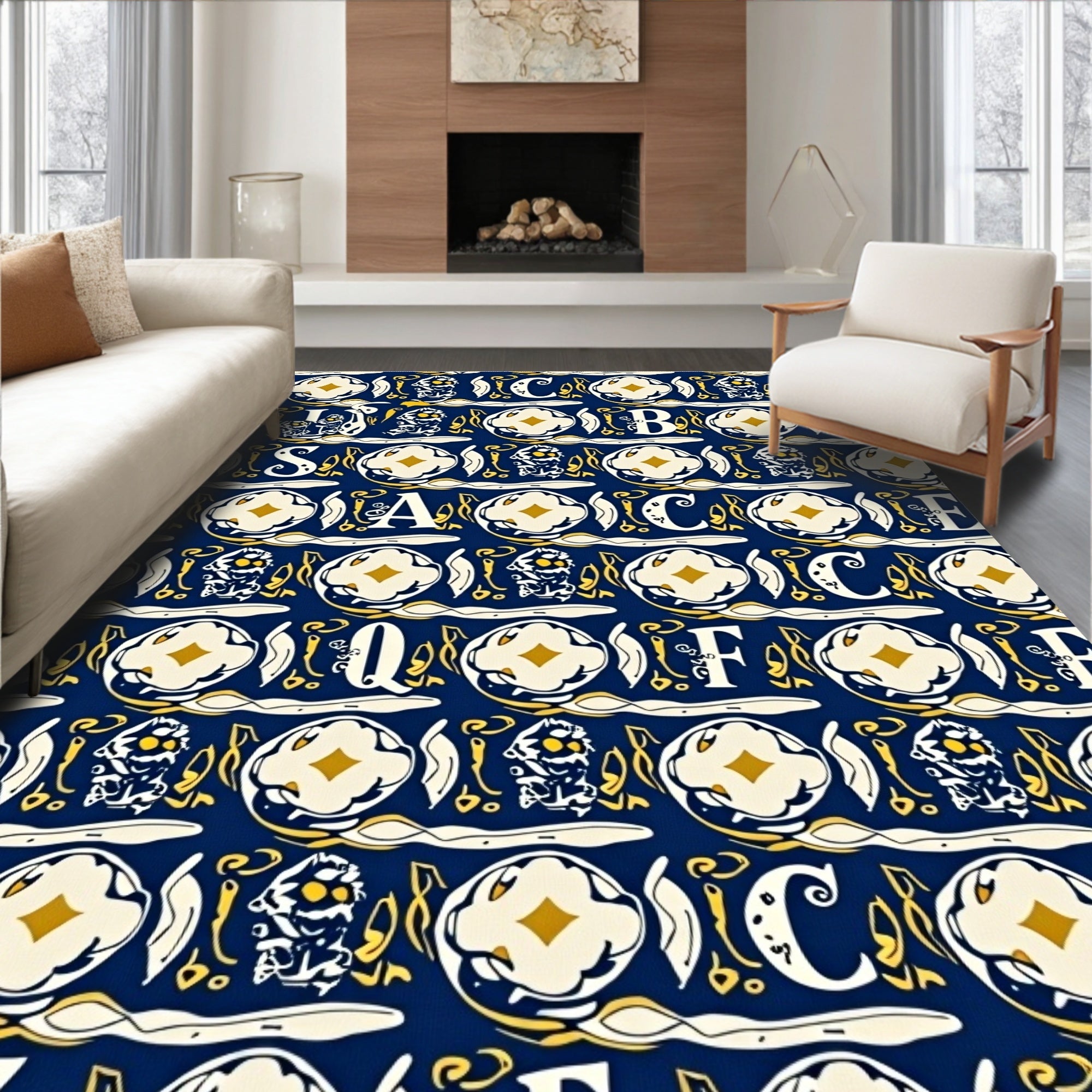 Navy Blue Golden Alphabet Medieval Tapestry Rug