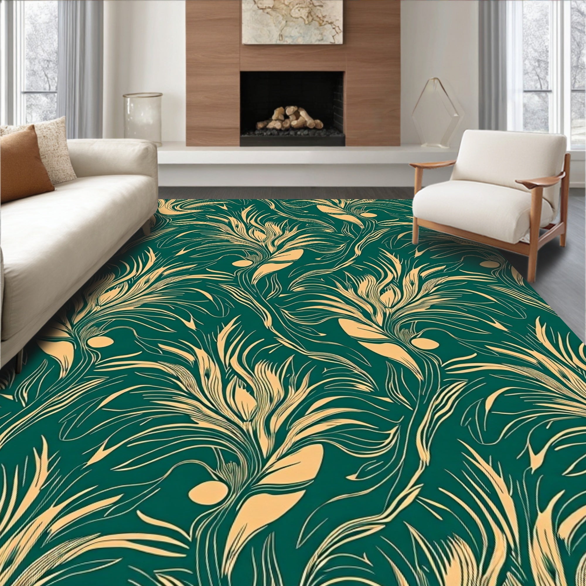 Emerald Teal Golden Feather Swirl Rug