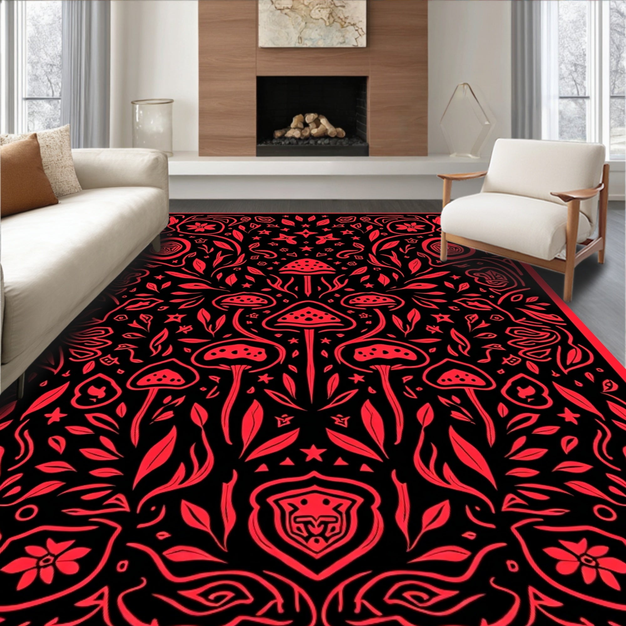 Crimson Red Mushroom Garden Tapestry Rug