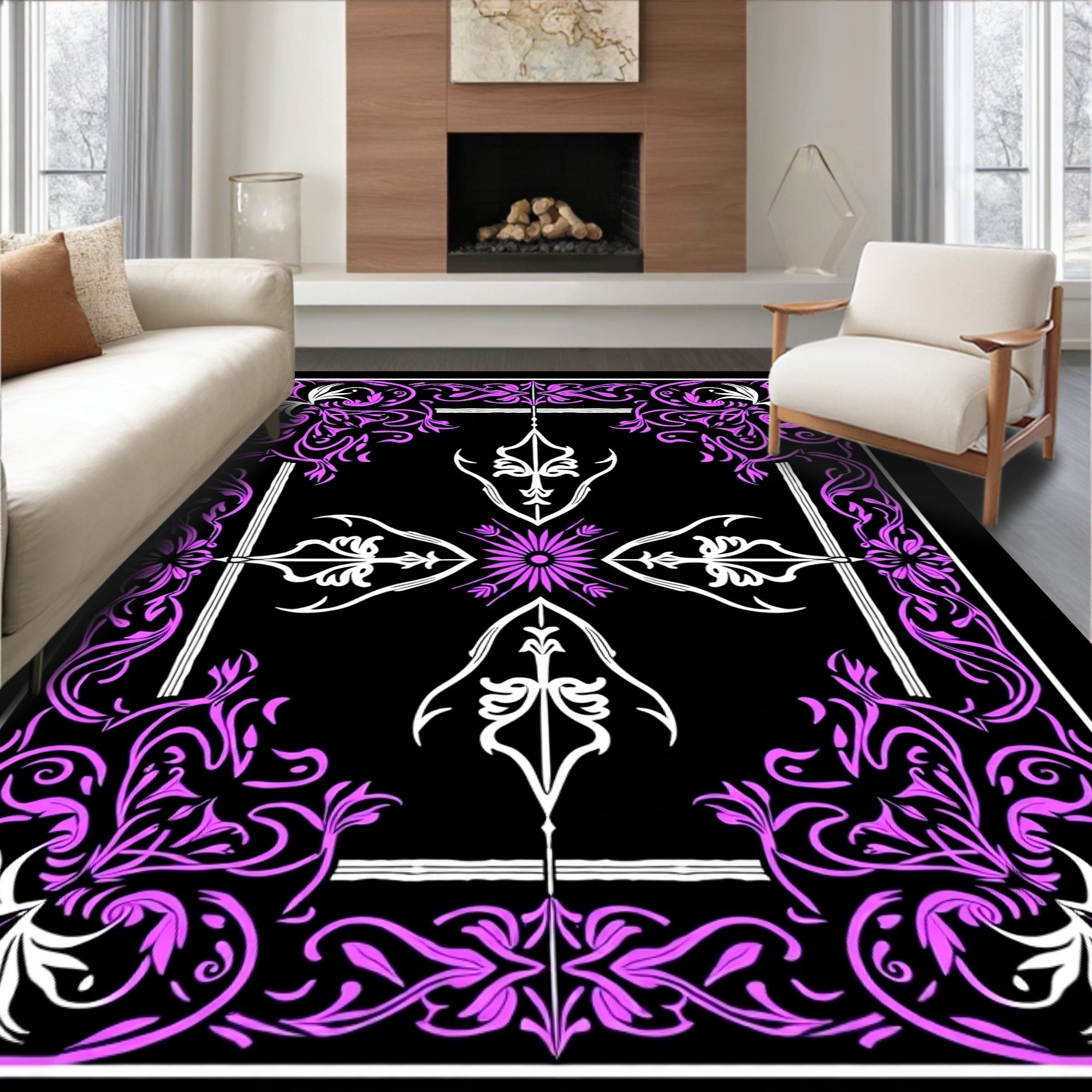 Ornate Violet Floral Medallion Black Rug