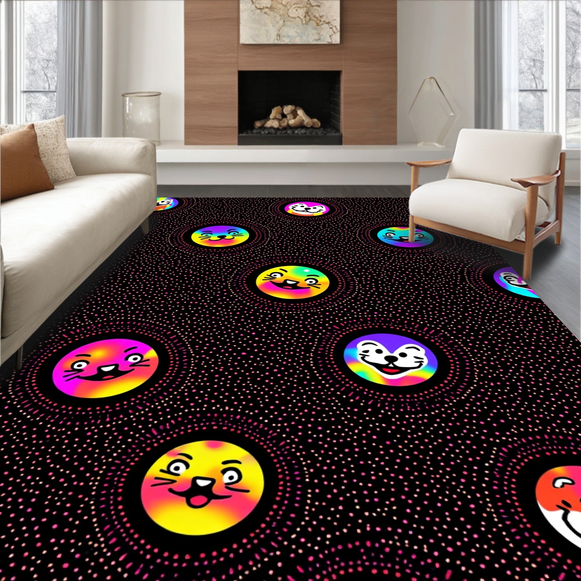 Rainbow Cat Faces on Black Dots Rug