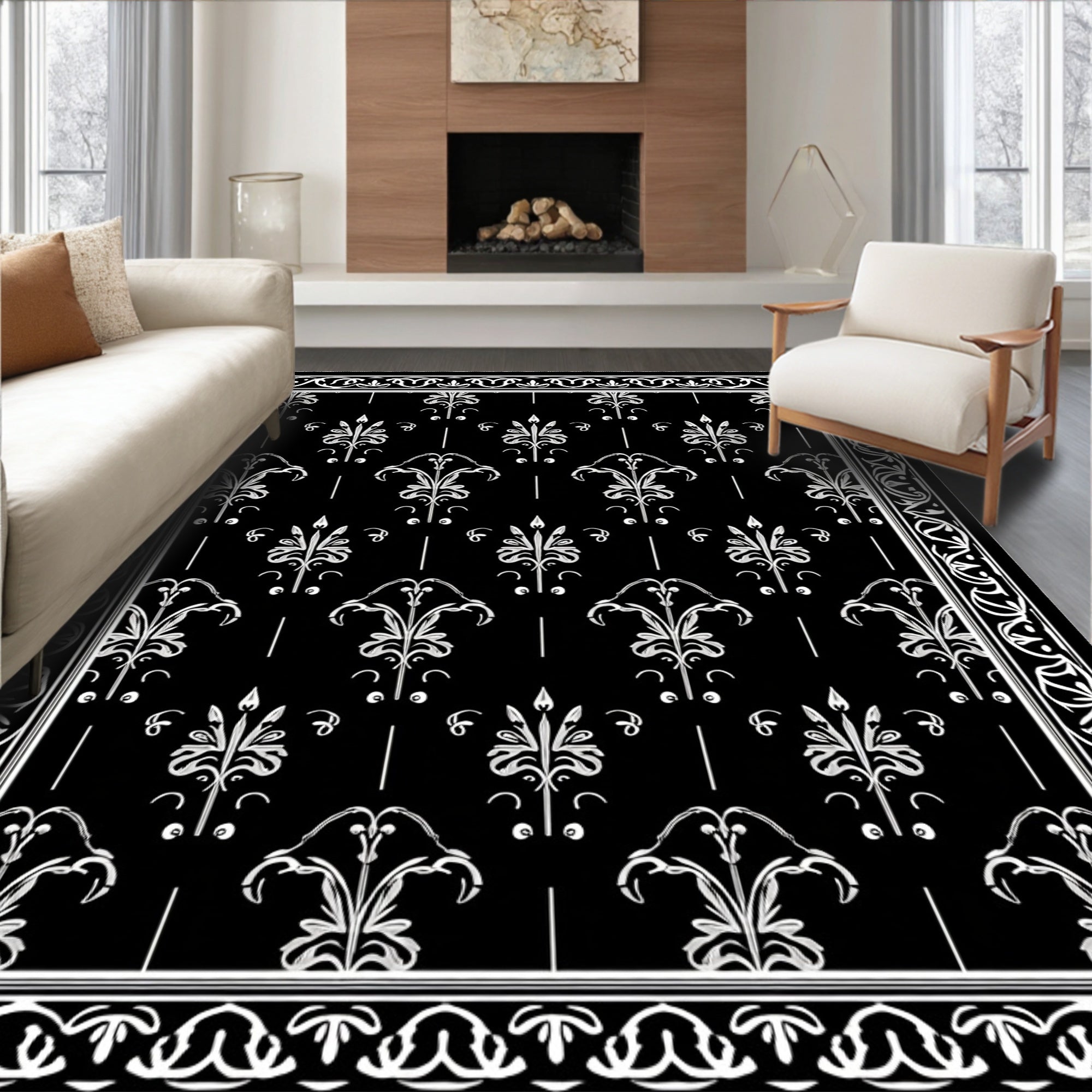 Classic Black White Floral Damask Rug