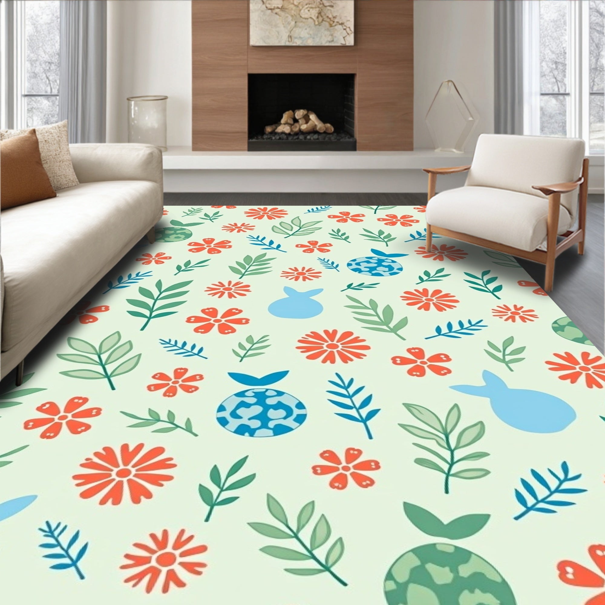 Cute Blue Bunny Coral Floral Garden Rug