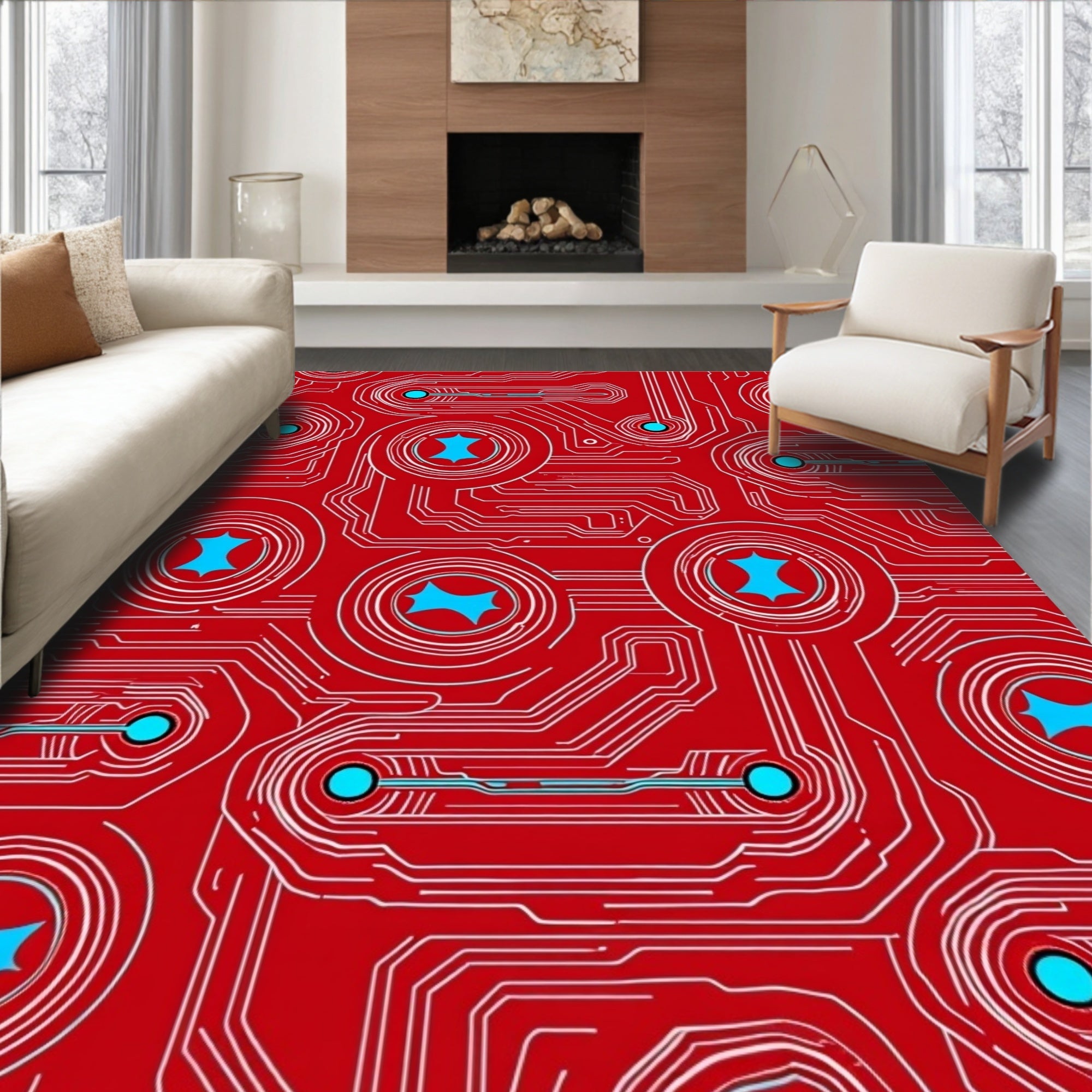 Red Circuit Board Starburst Rug