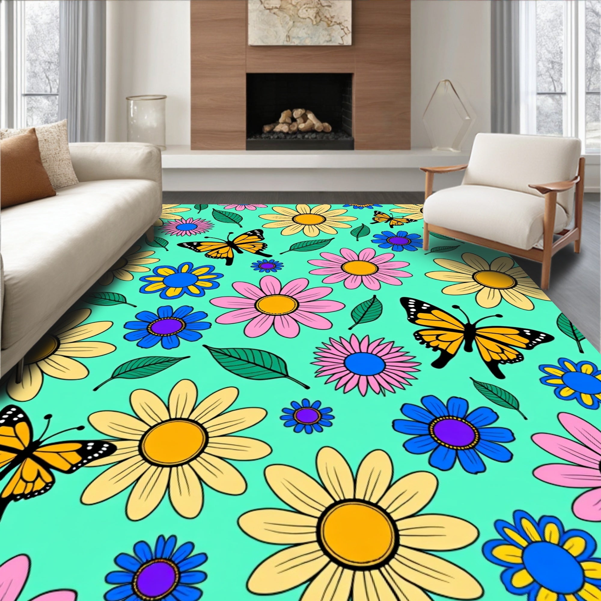 Vibrant Yellow Daisy Butterfly Medley Rug
