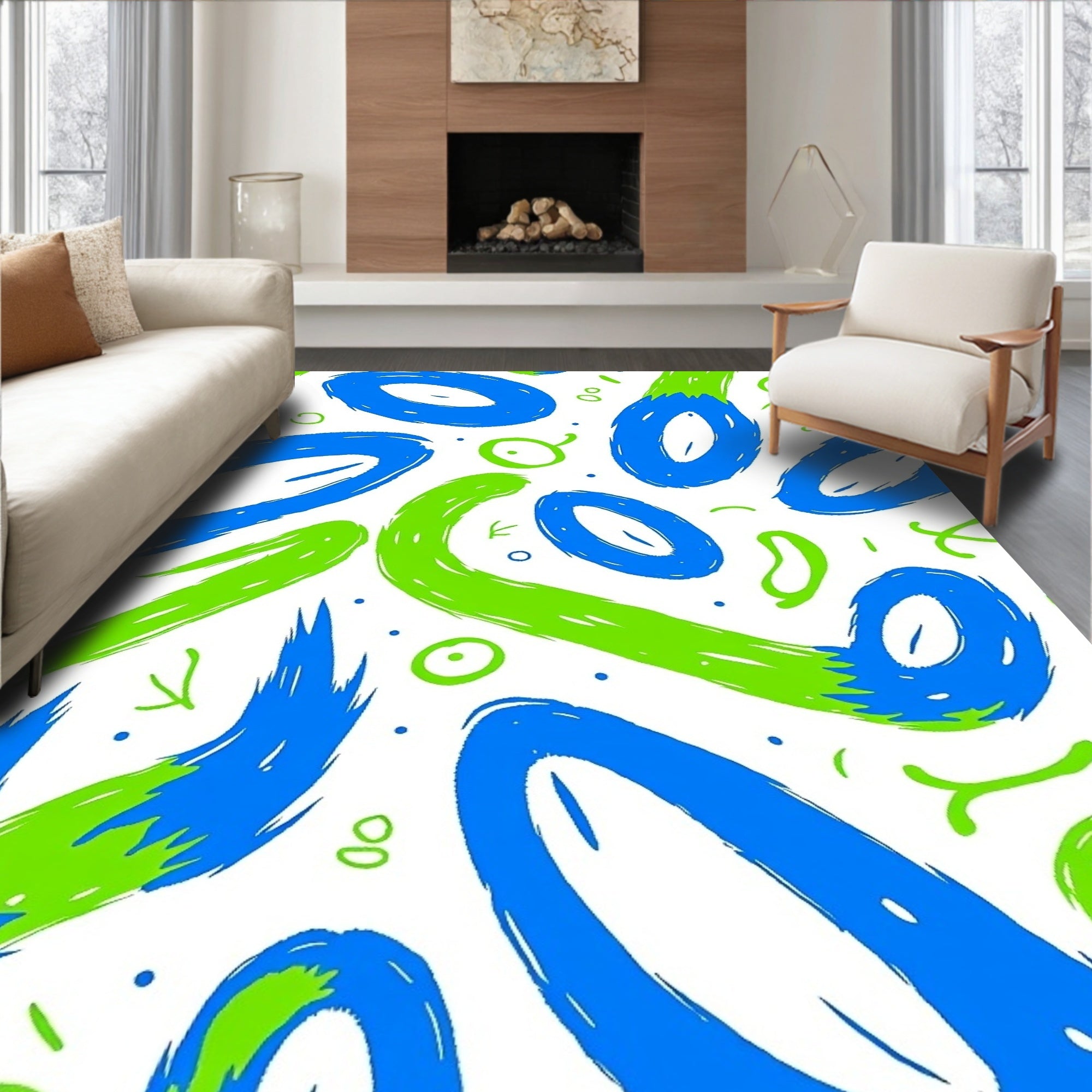 Playful Blue Green Oval Swirls Rug