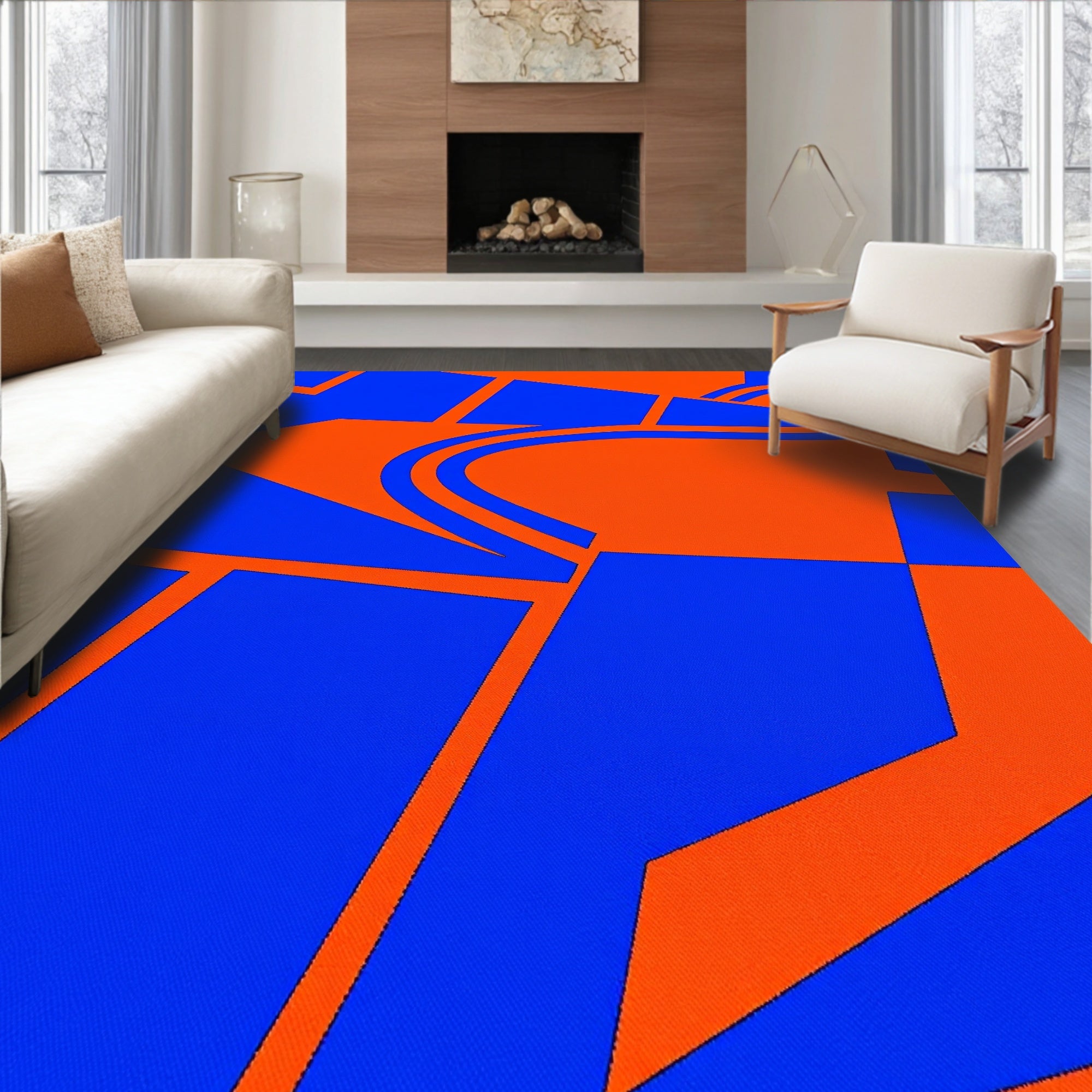 Vibrant Blue Orange Abstract Flow Rug