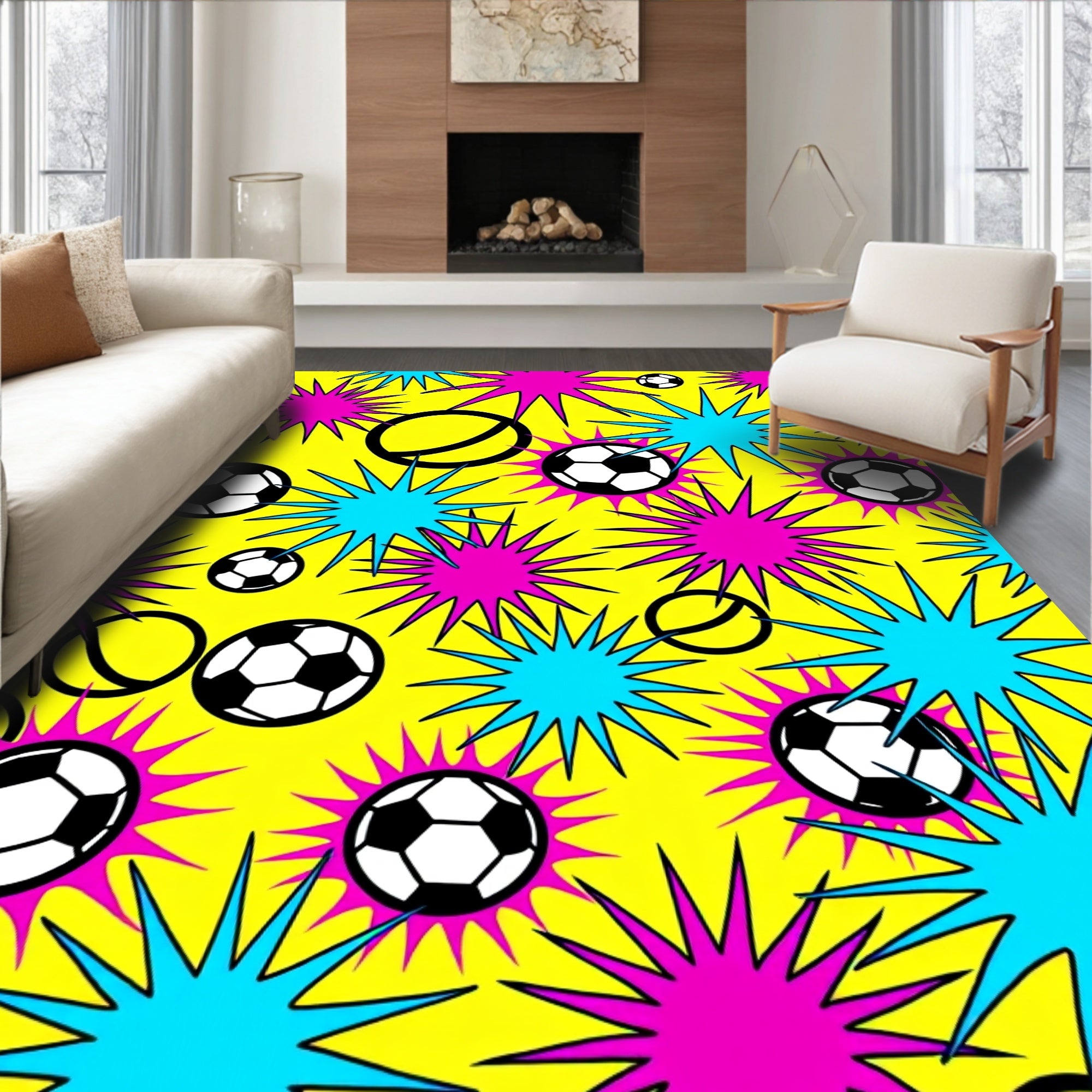 Bright Yellow Soccer Balls Explosion Rug