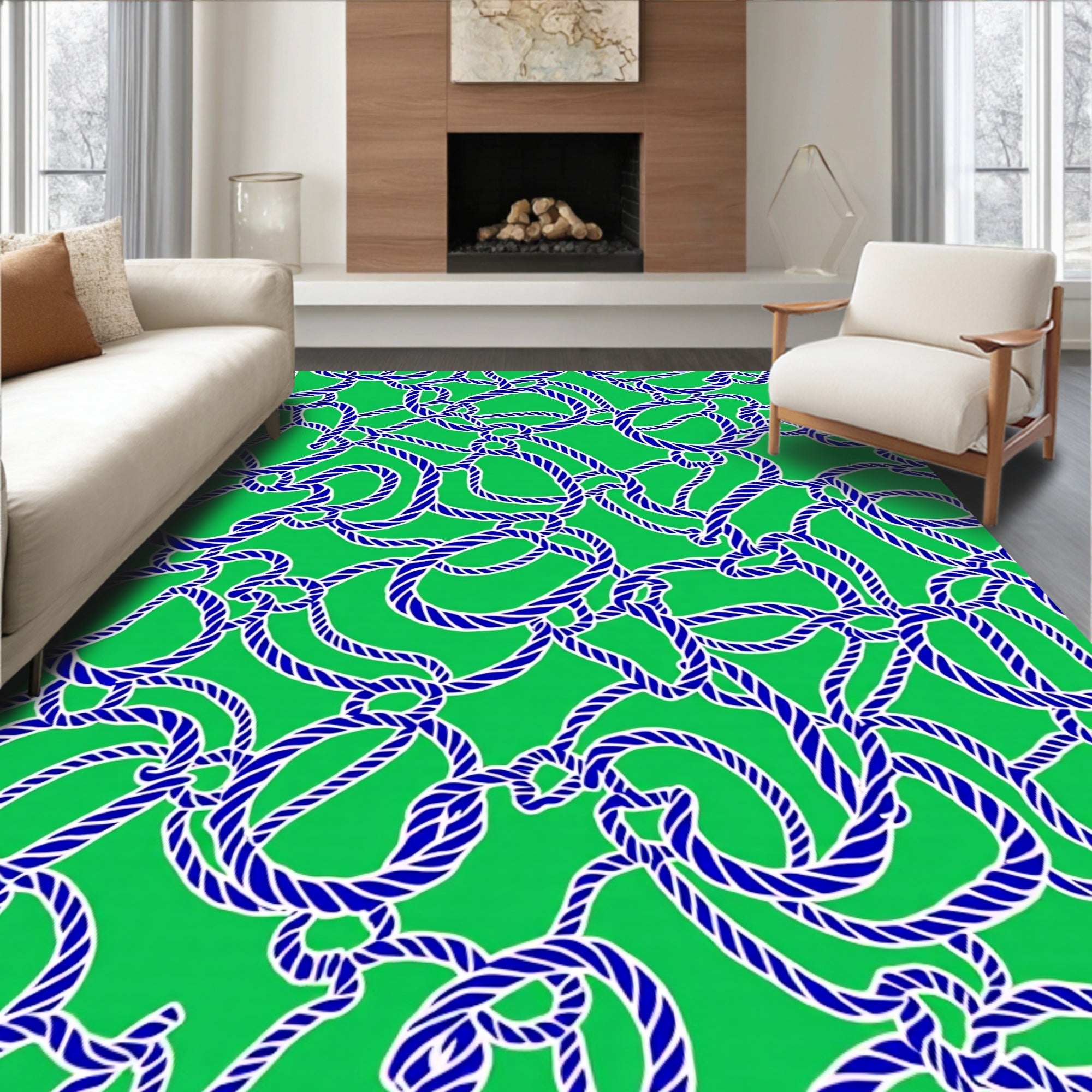 Blue Rope Nautical Green Background Rug