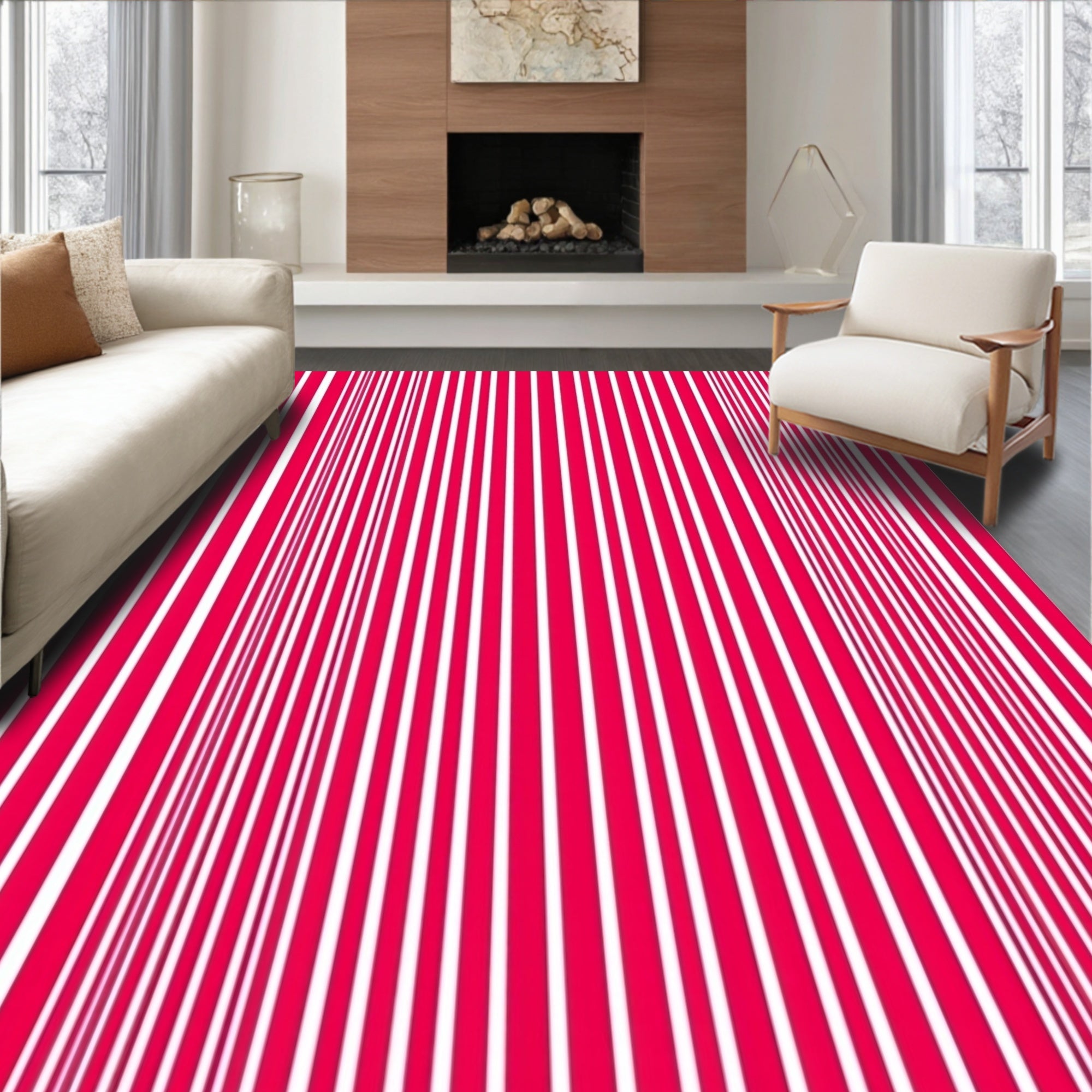 Crimson White Vertical Stripe Ribbed Rug