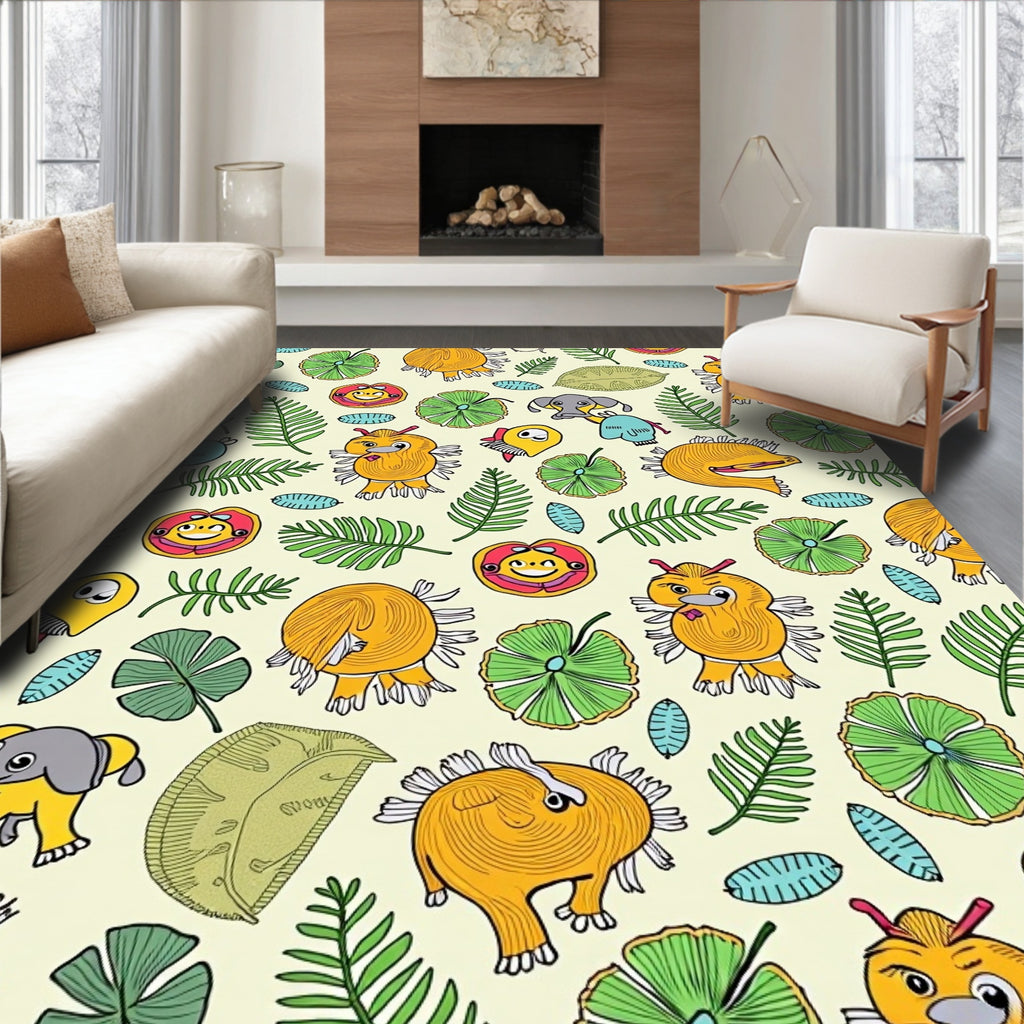 Playful Yellow Creature Jungle Foliage Rug