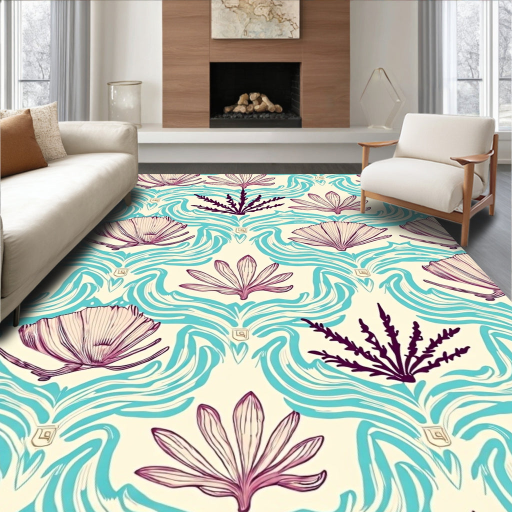 Teal Mauve Botanical Wave Floral Rug