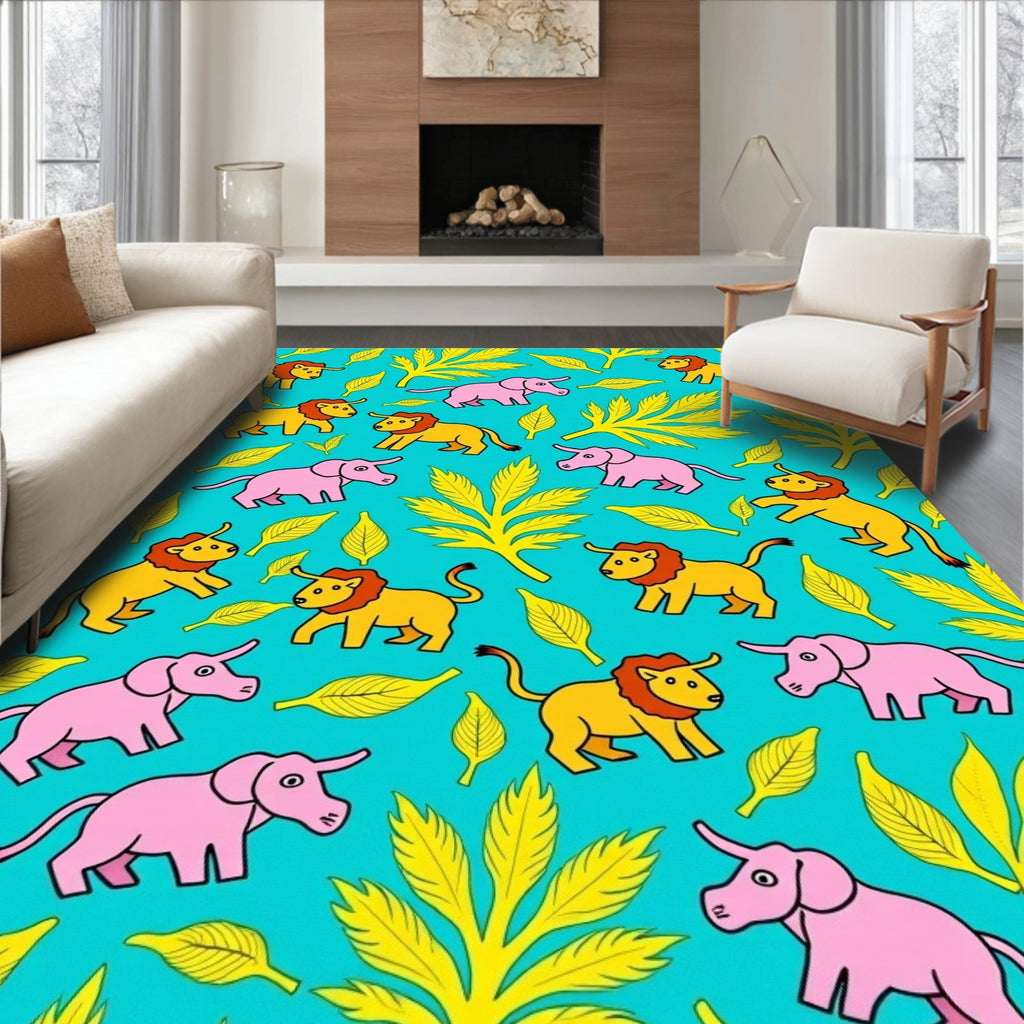 Whimsical Elephants Lions Teal Foliage Rug