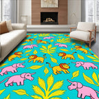 Whimsical Elephants Lions Teal Foliage Rug