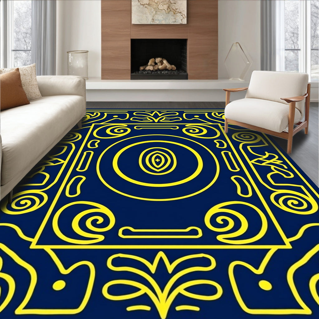 Blue Yellow Ornate Oval Medallion Rug