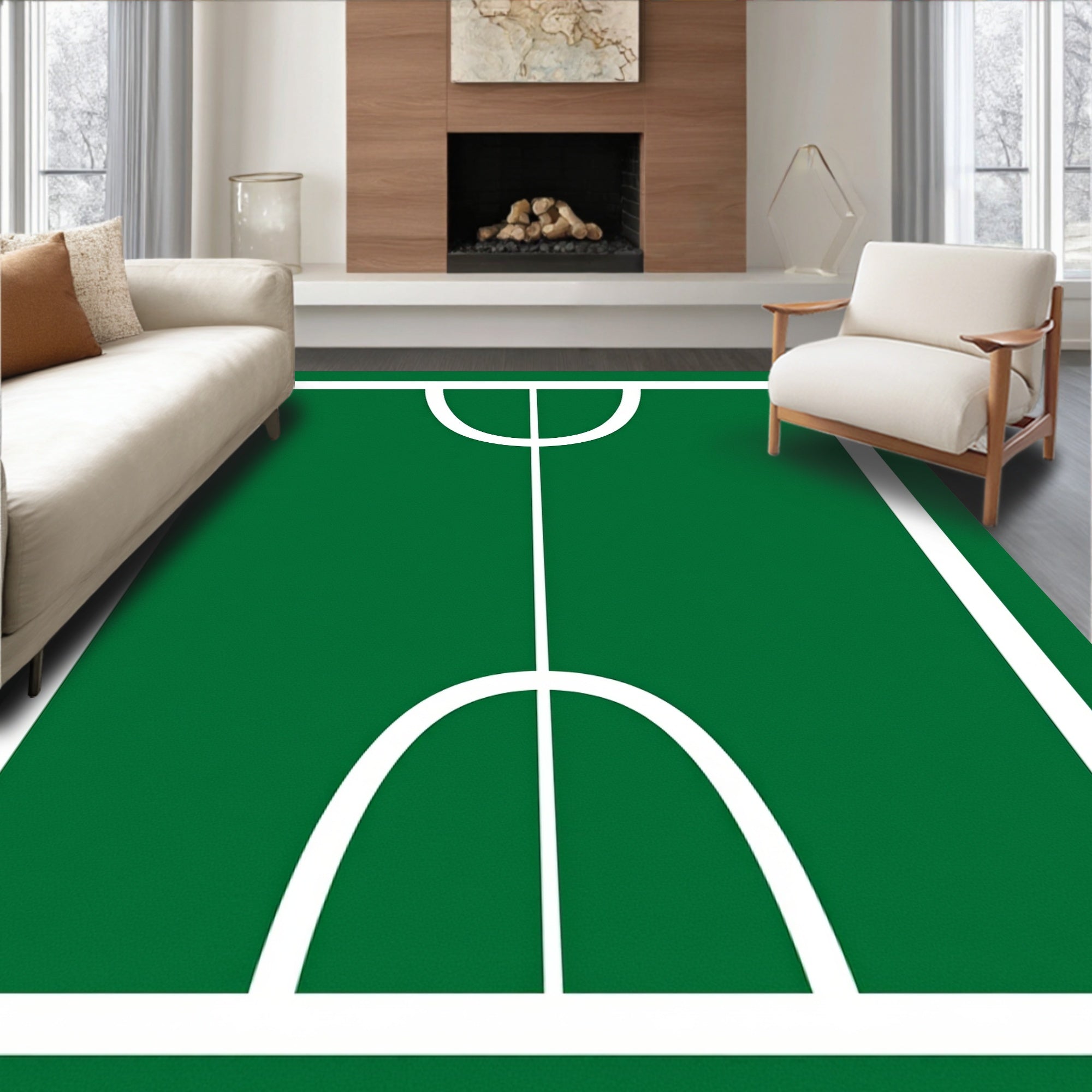 Green Court White Line Graphic Rug
