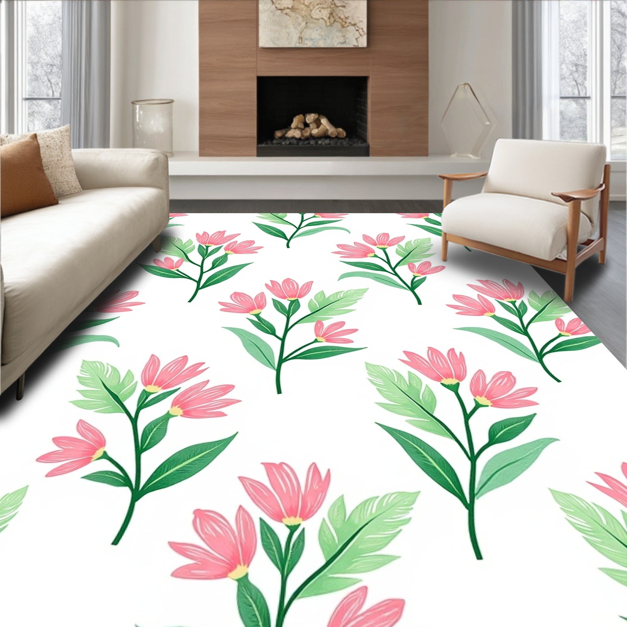 Delicate Pink Floral Botanical Sprig Rug