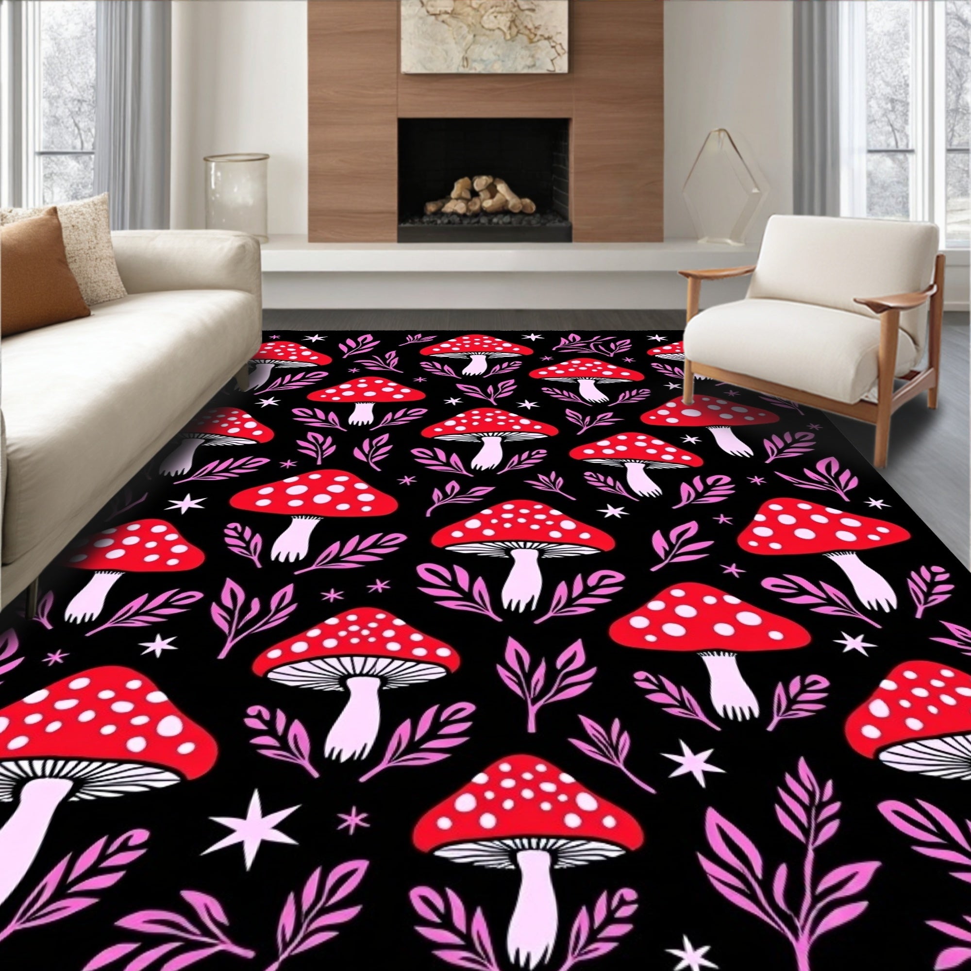 Red White Spotted Mushroom Foliage Rug