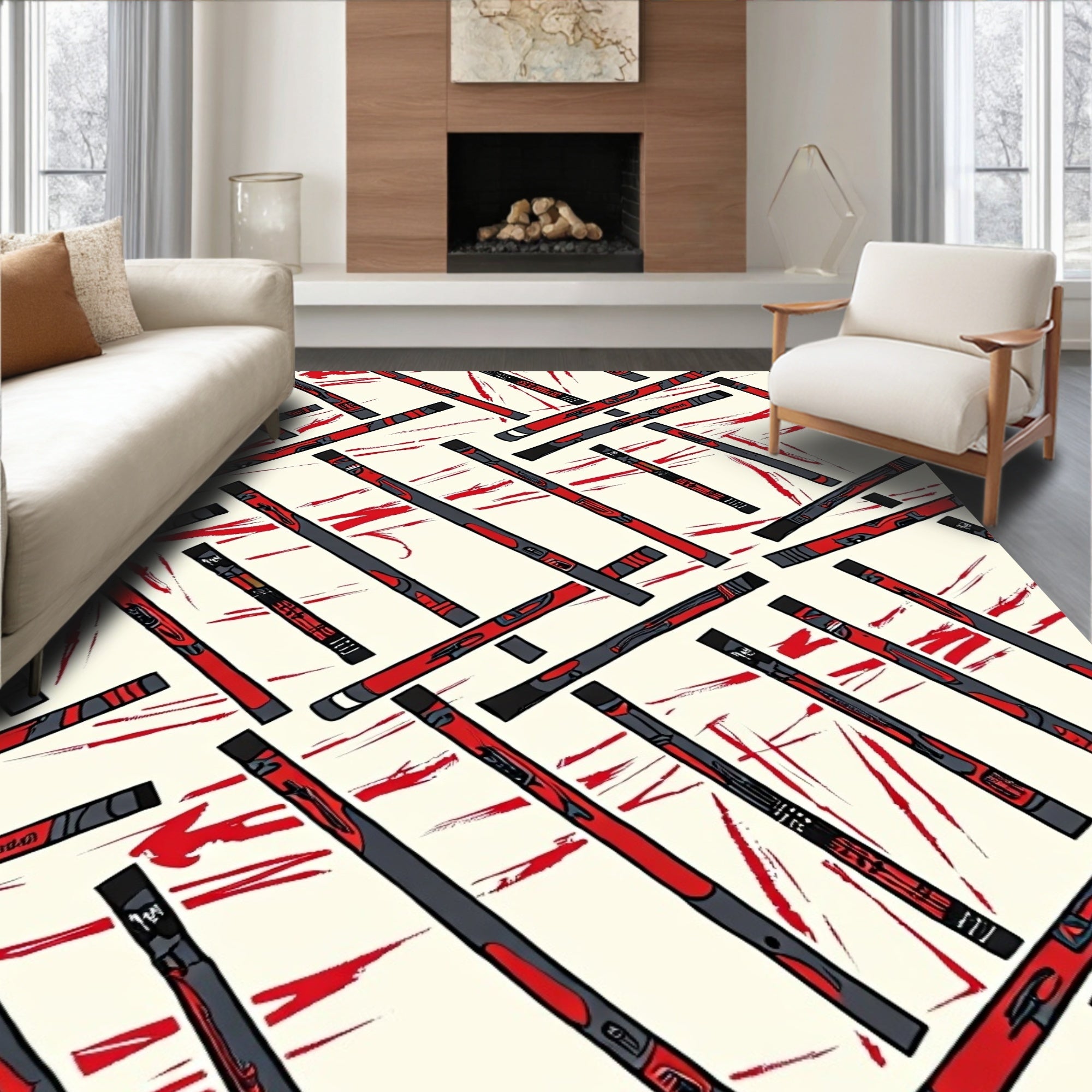 Red and Gray Linear Totem Poles Rug