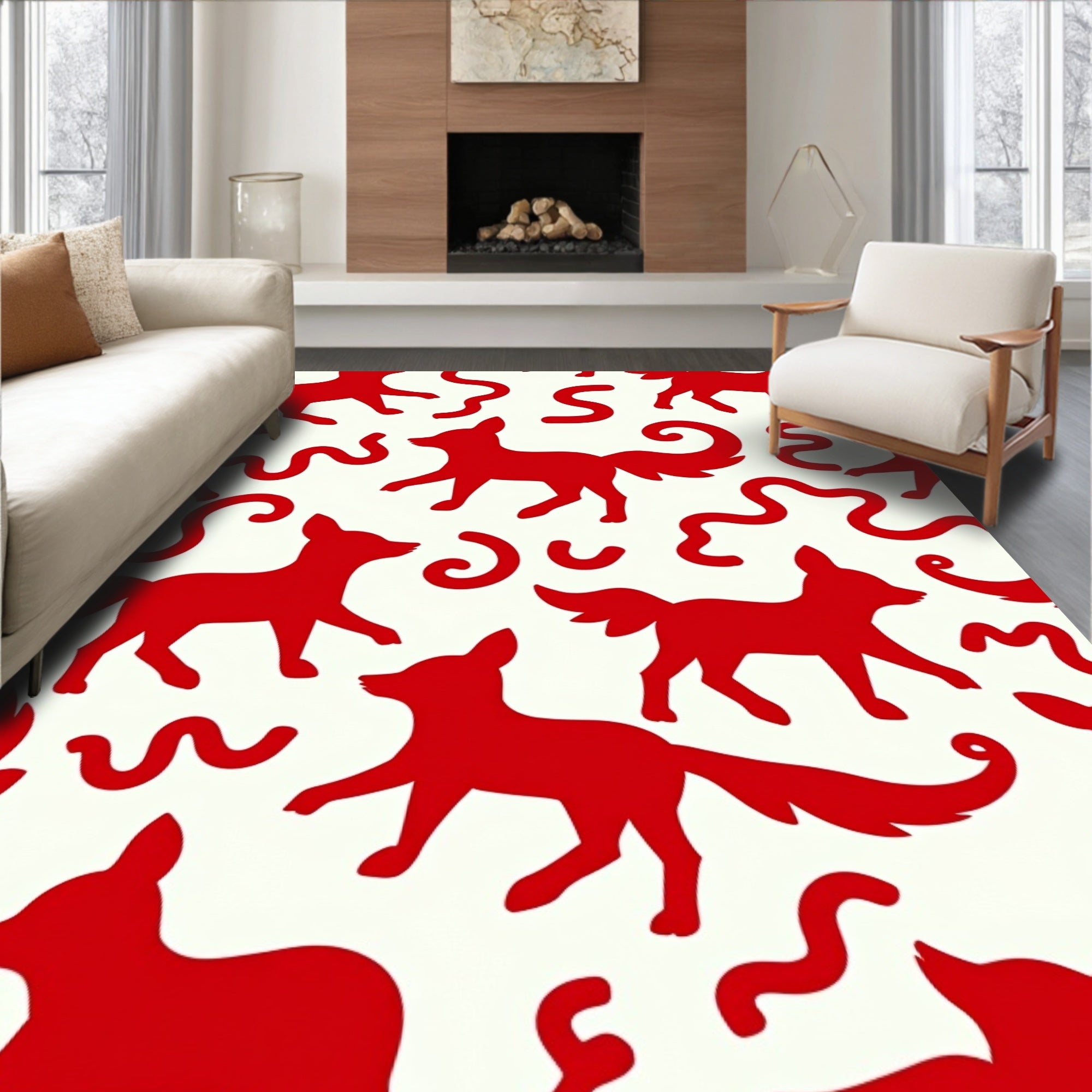 Bold Red Fox Whimsical Swirls Rug