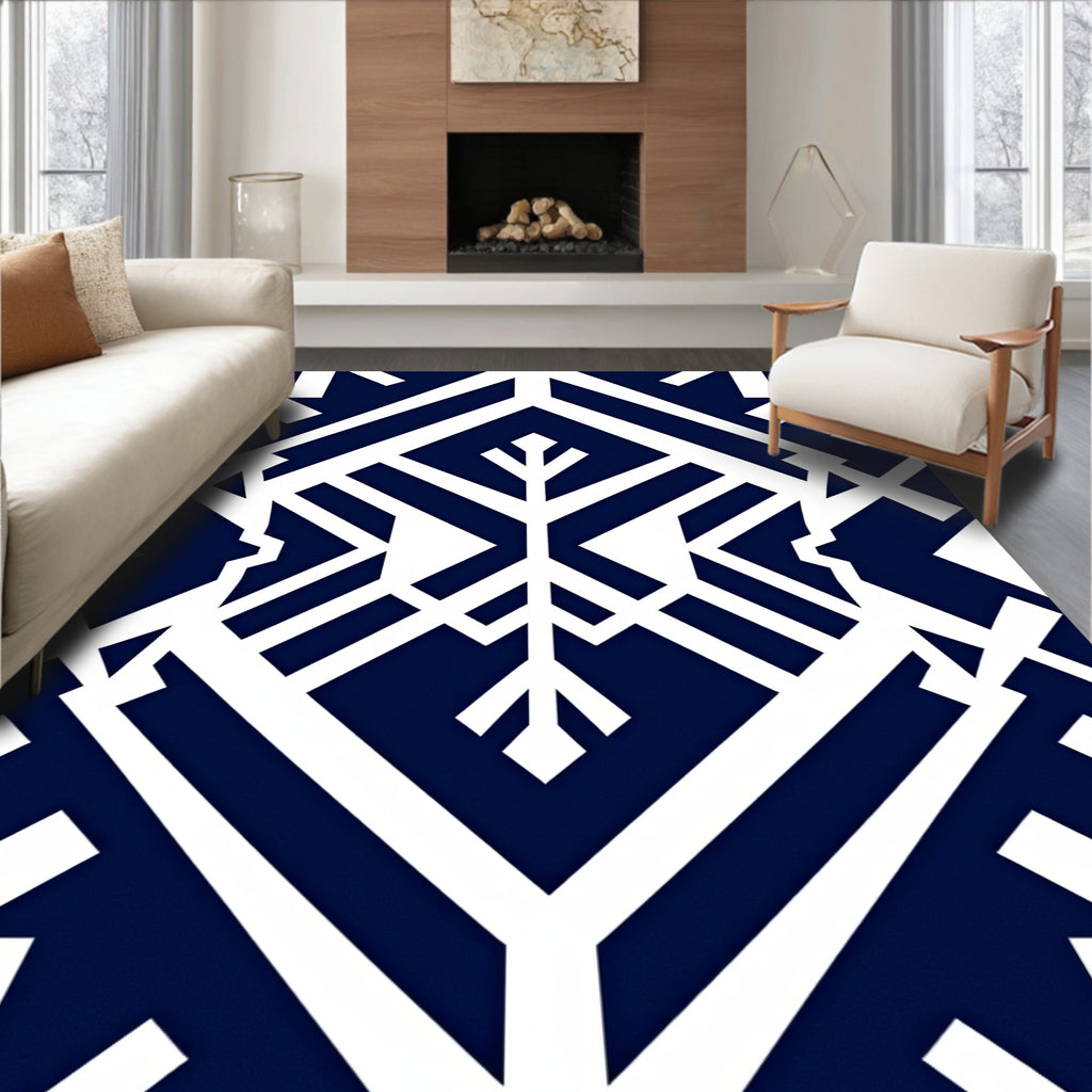 Dark Blue White Geometric Art Deco Rug
