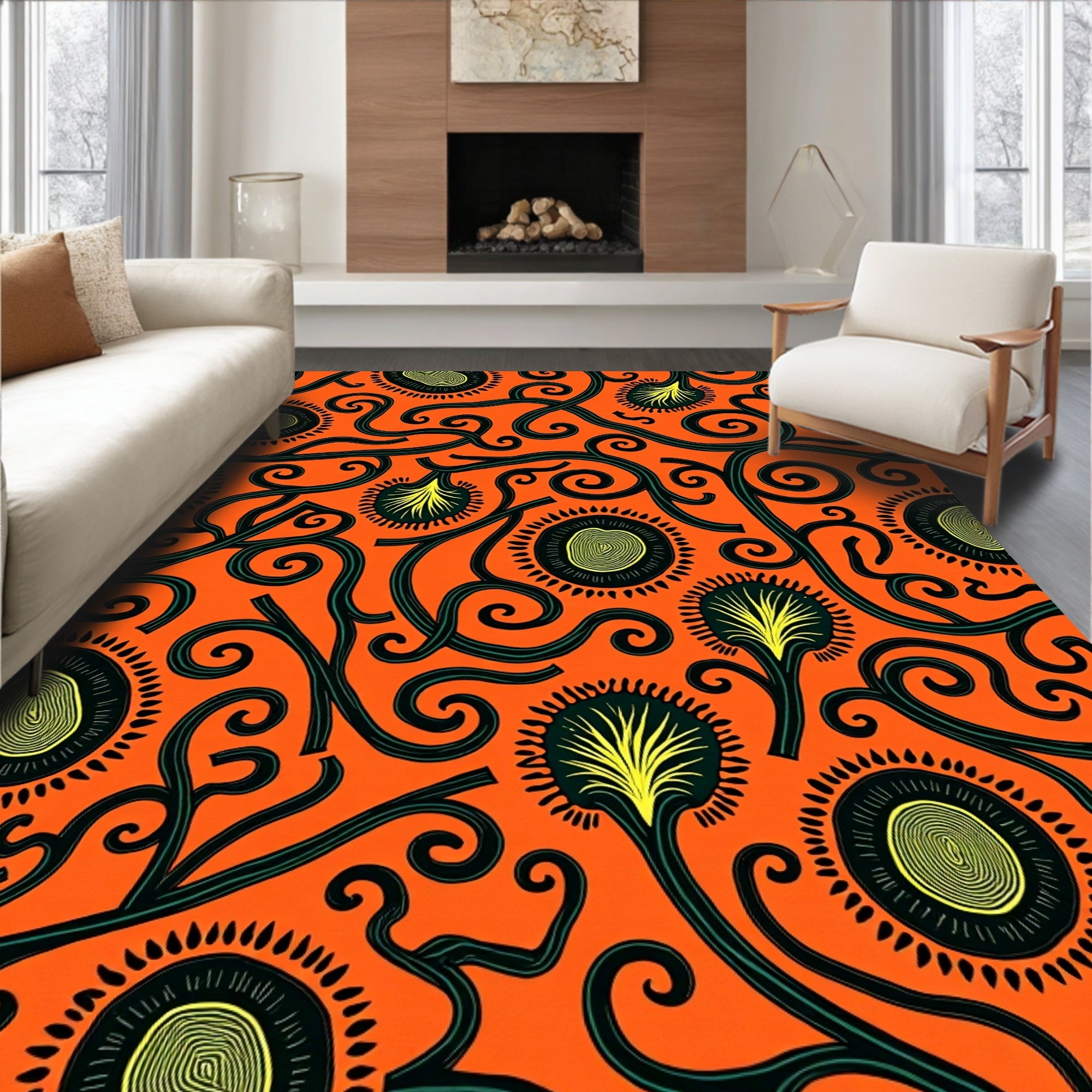 Vibrant Orange Floral Vine Swirl Rug