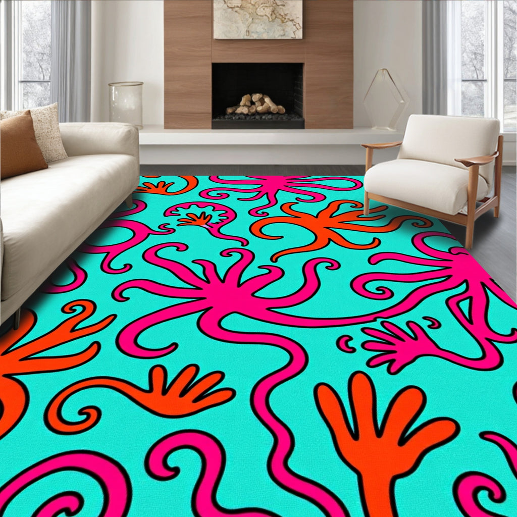 Bright Pink Orange Tentacle Aquatic Swirl Rug