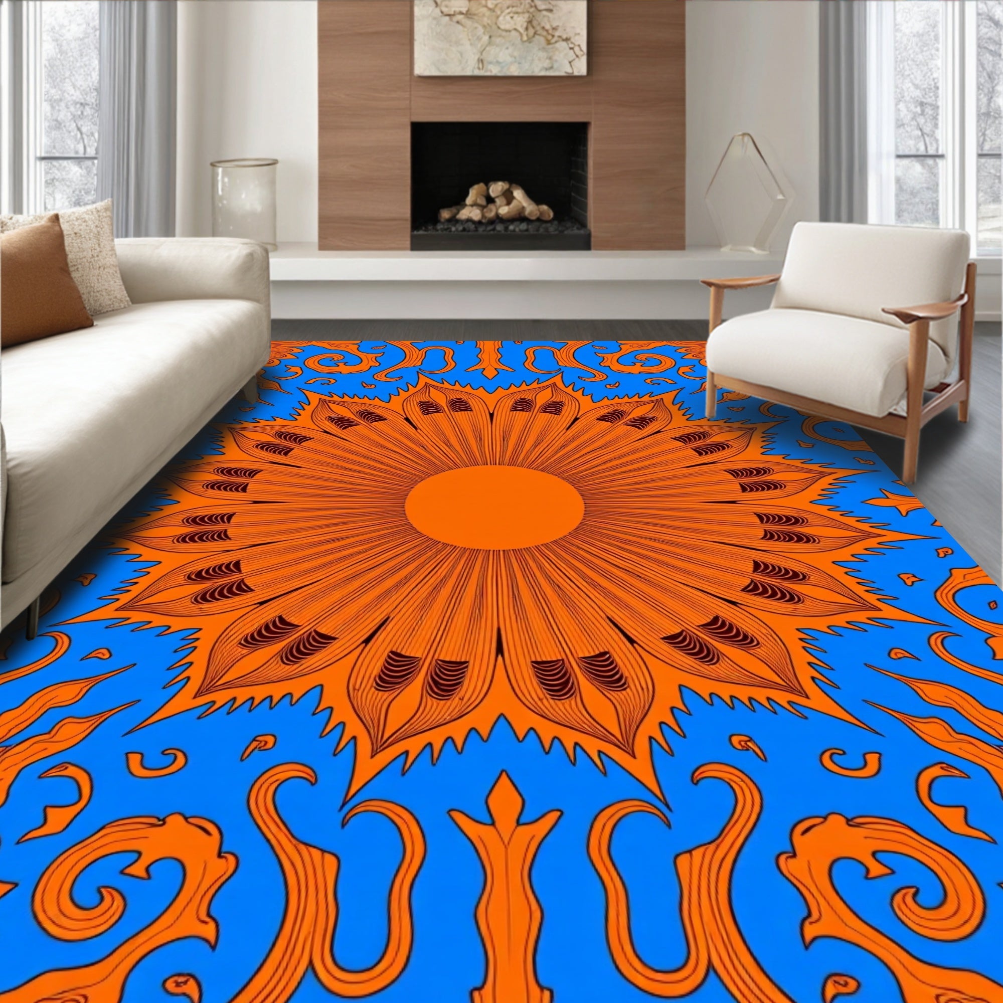 Vibrant Orange Petal Sunburst Medallion Rug