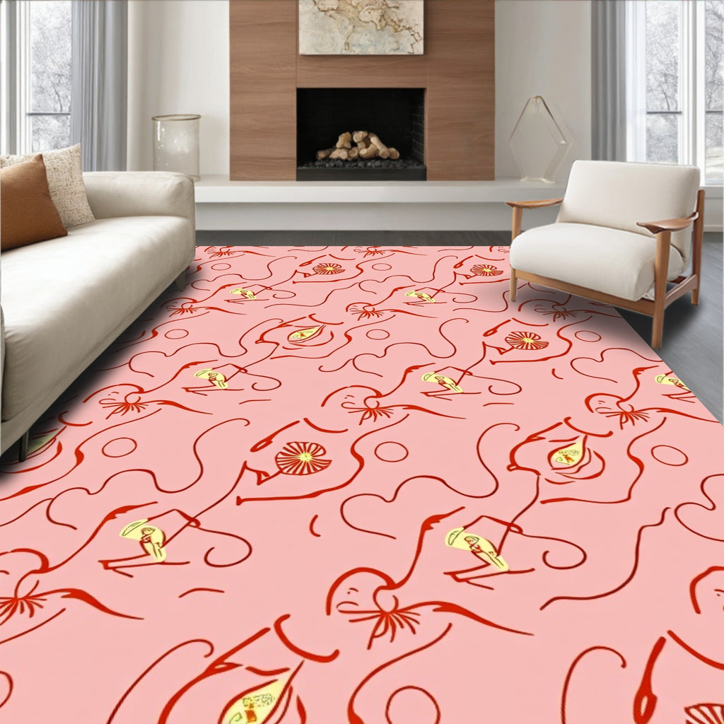 Whimsical Red Figures Pink Abstract Rug