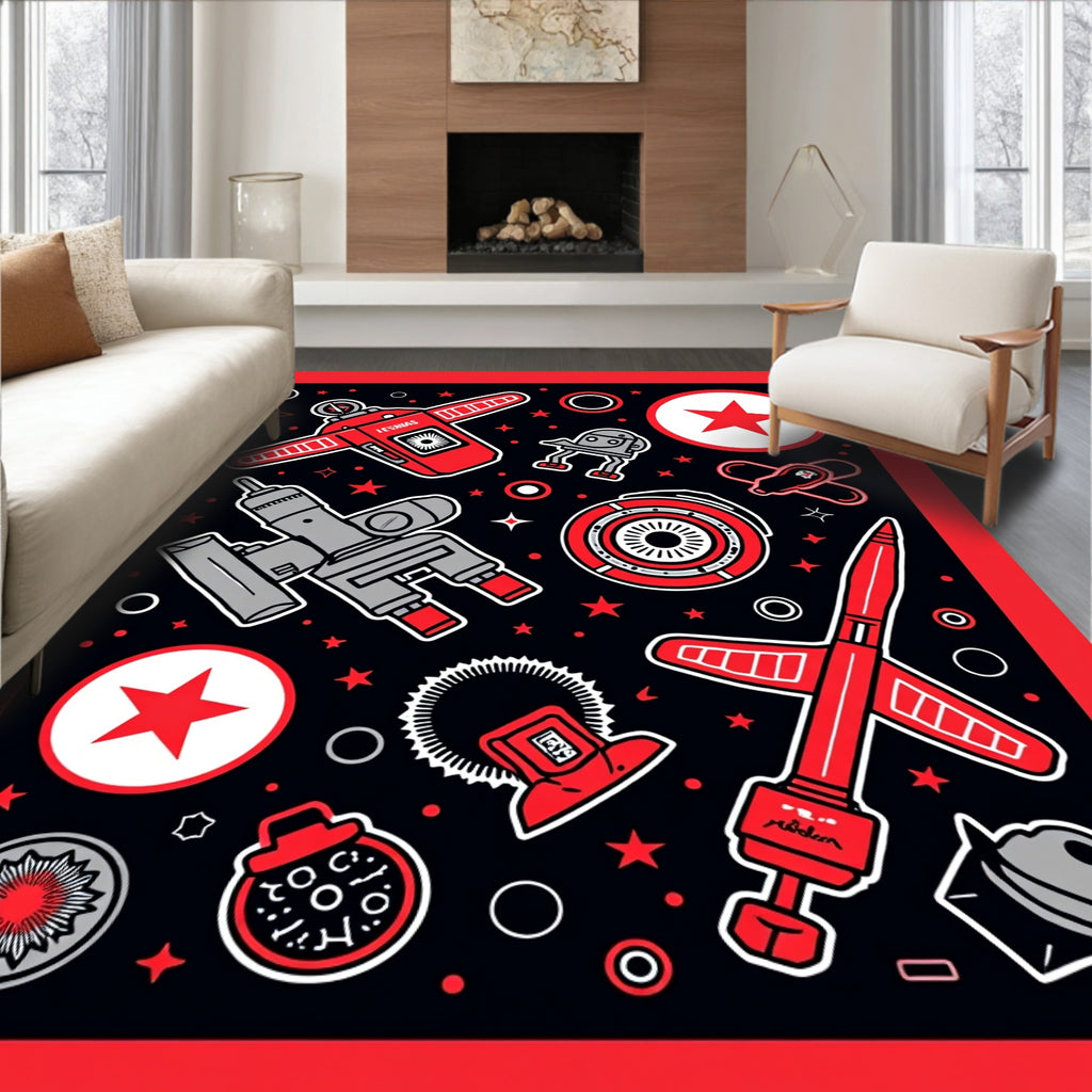 Retro Sci Fi Robots Stars Spaceships and Rockets Rug