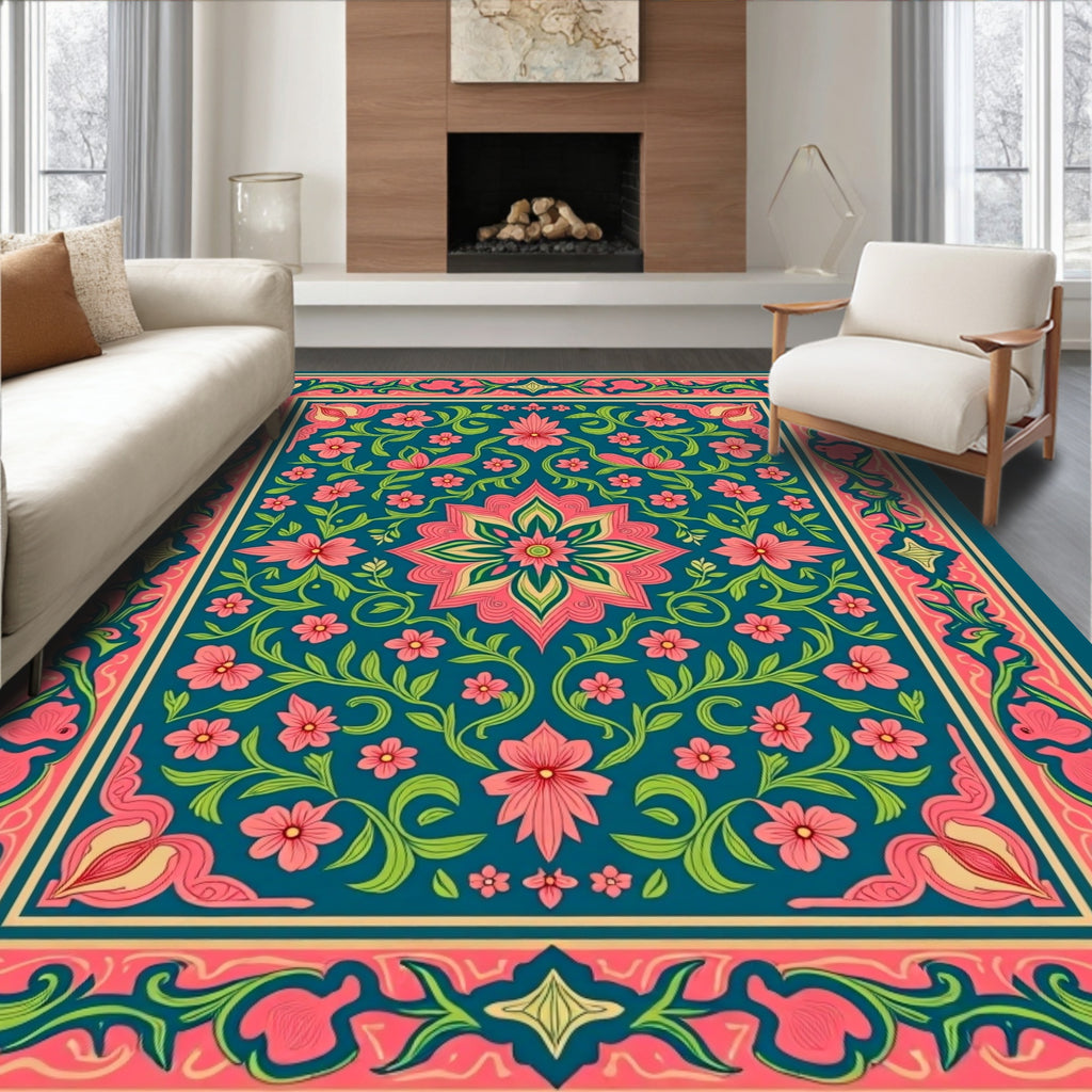 Teal Floral Medallion Vine Border Rug