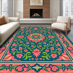 Teal Floral Medallion Vine Border Rug