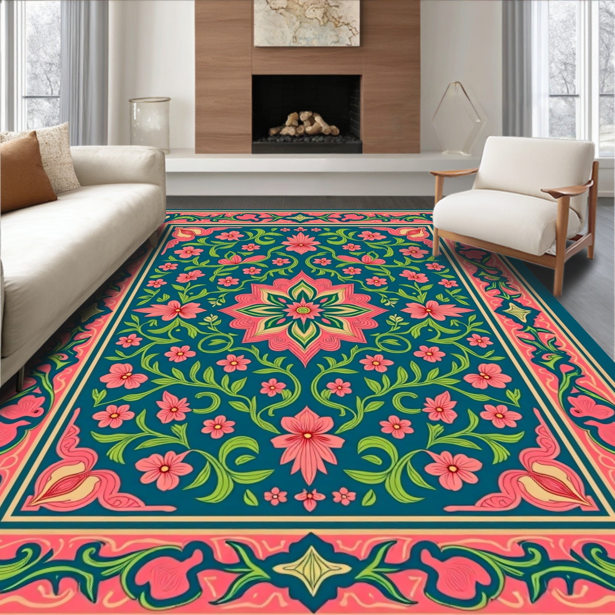 Teal Floral Medallion Vine Border Rug