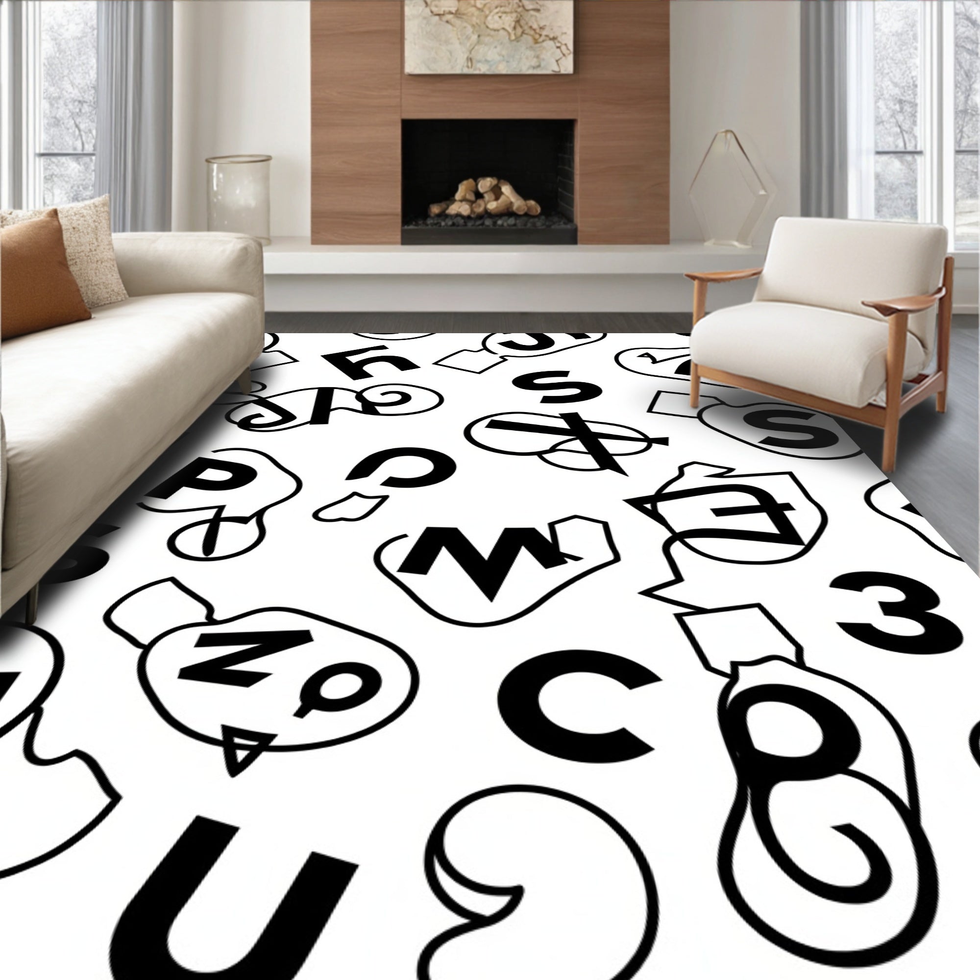 Modern Black White Typographic Collage Rug
