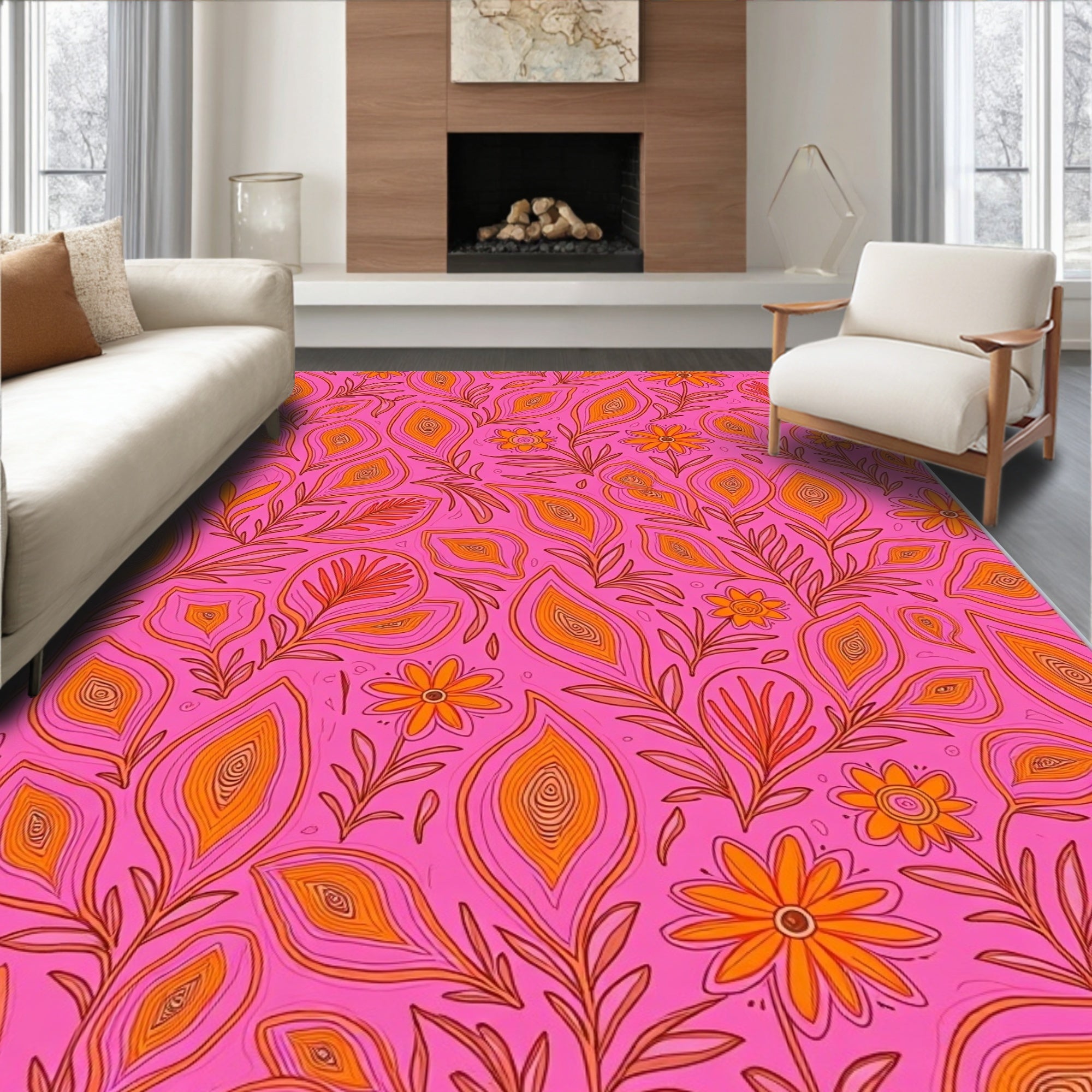 Pink Orange Floral Organic Line Art Rug