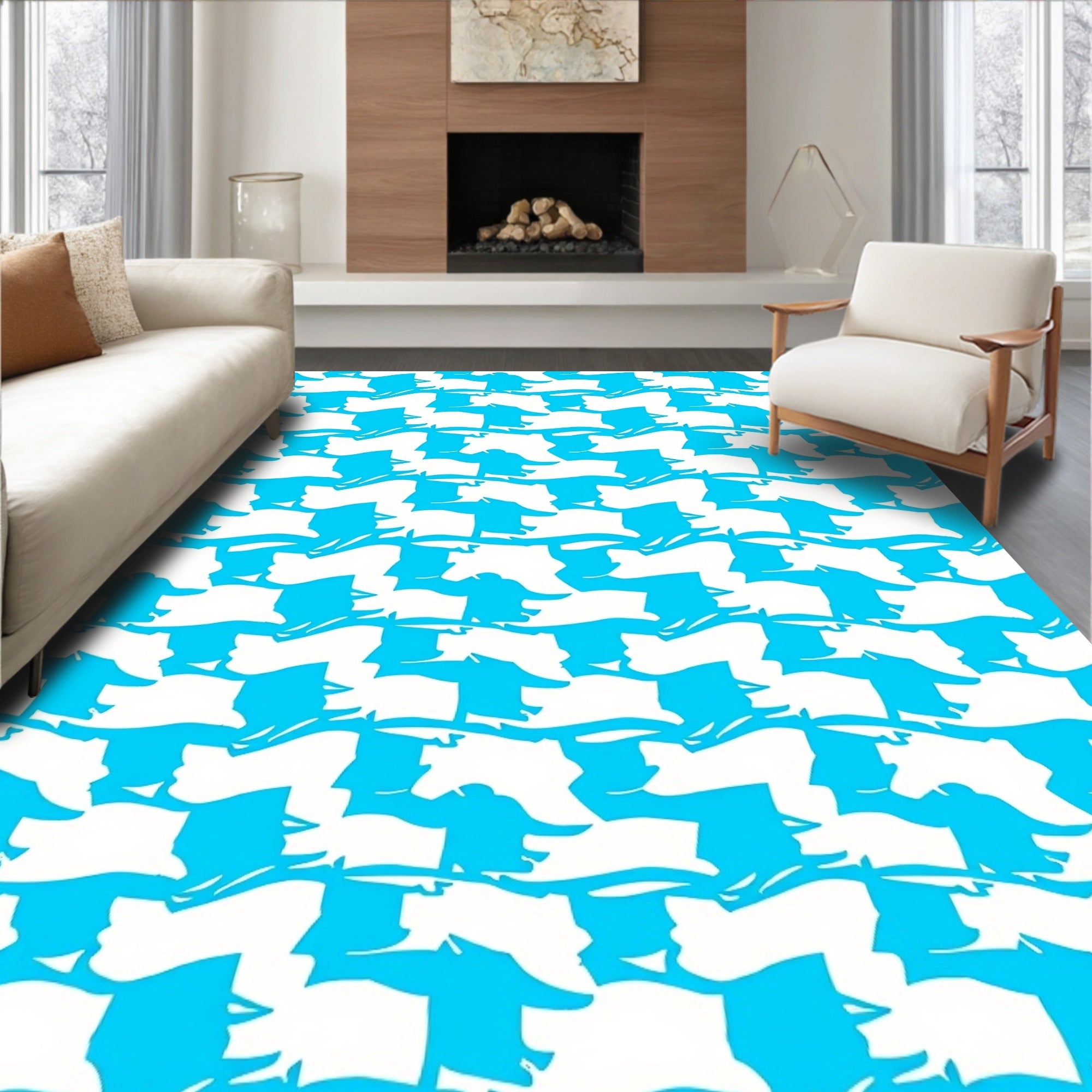 Bright Blue Contemporary Illusion Rug
