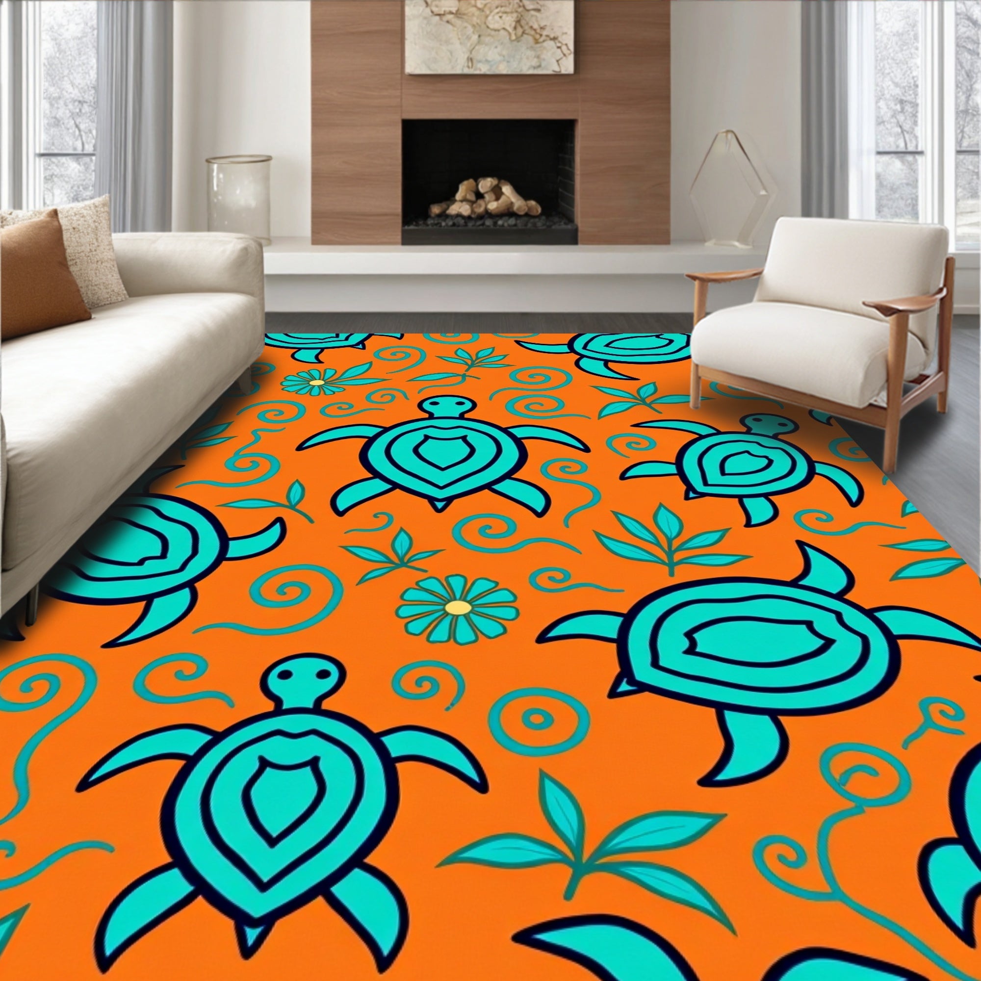 Oceanic Teal Turtle Swirls Orange Rug