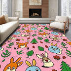 Whimsical Woodland Creatures Pink Background Rug