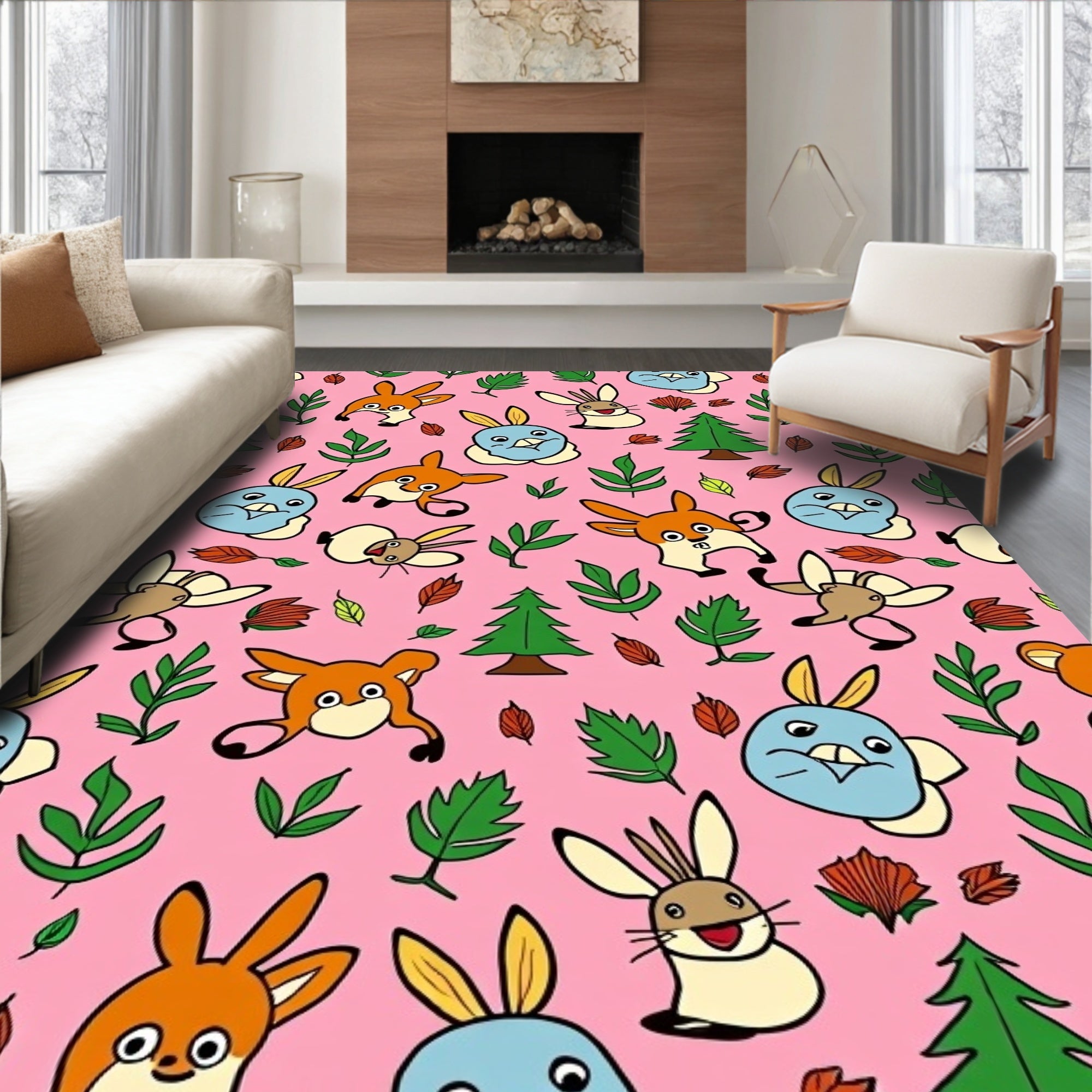 Whimsical Woodland Creatures Pink Background Rug