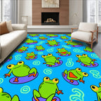 Whimsical Green Frogs Purple Lilypad Rug