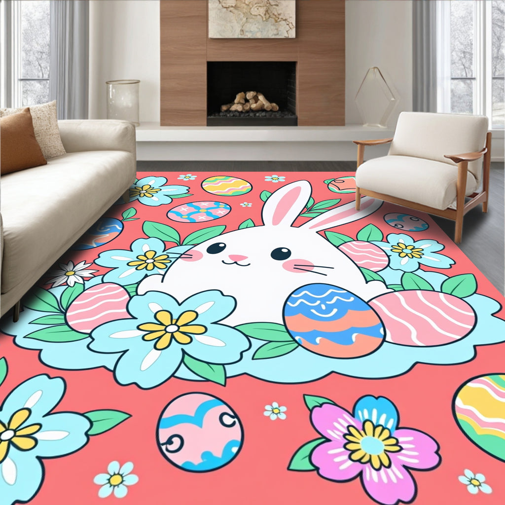 Easter Bunny With Flowers And Eggs Rug