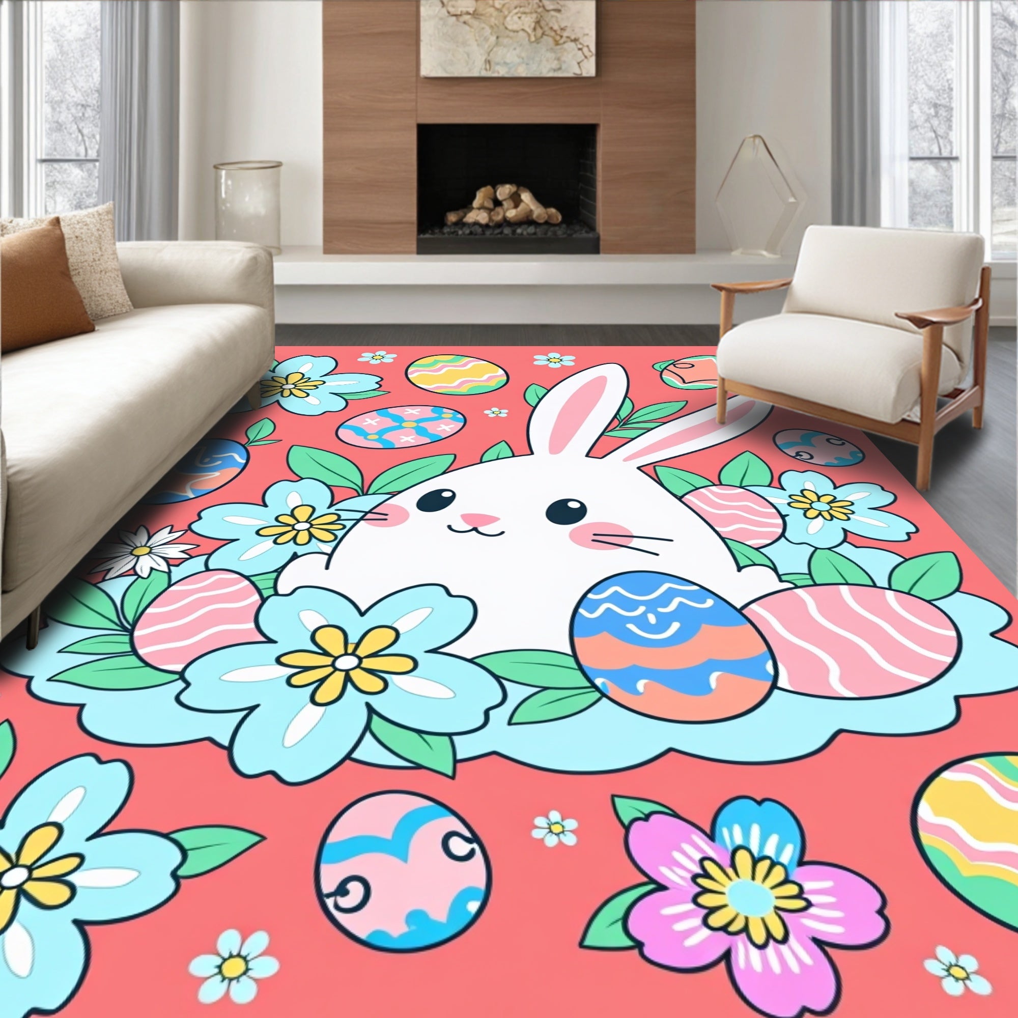Easter Bunny With Flowers And Eggs Rug