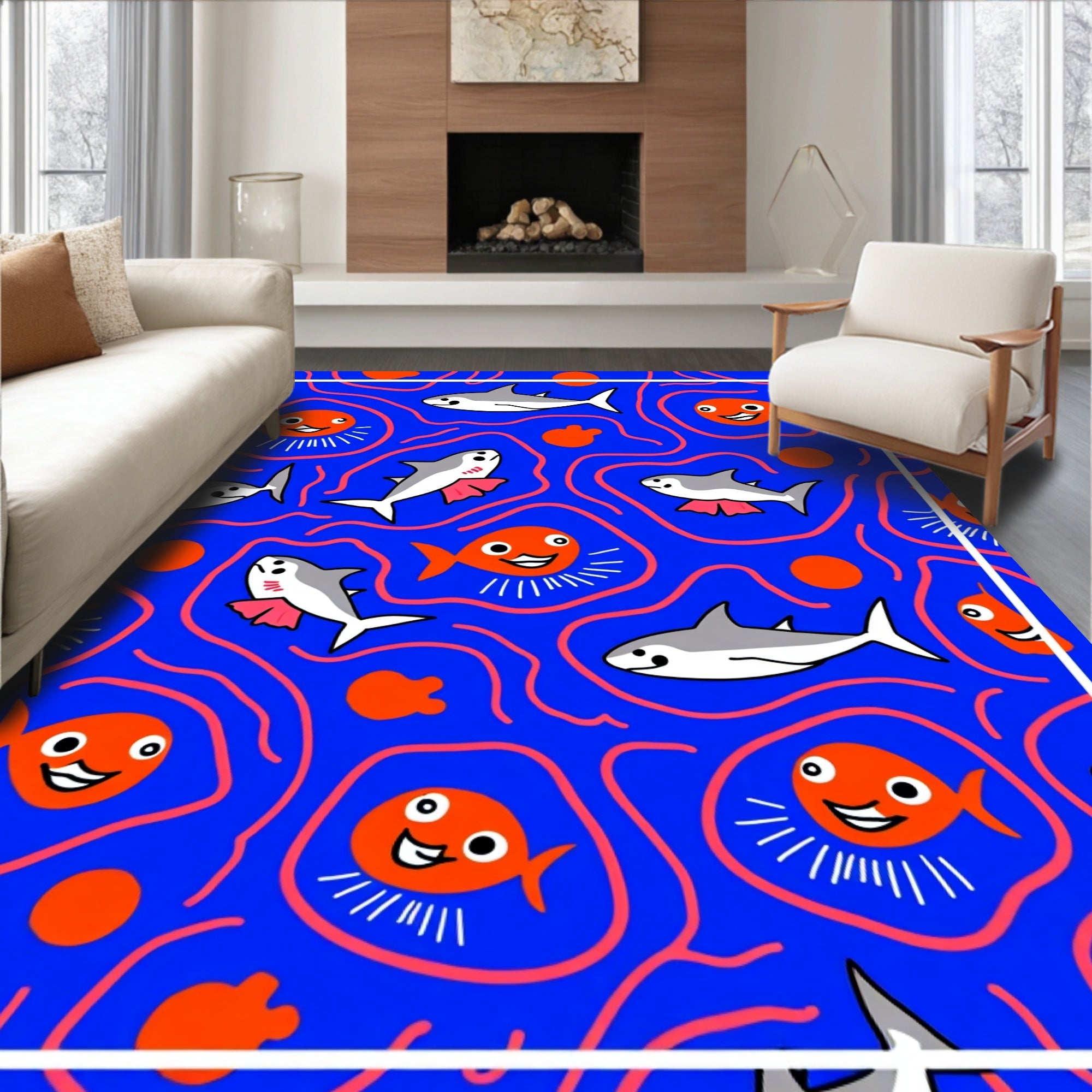 Playful Sharks and Fish Underwater Scene Rug
