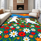 Playful White Dogs Meadow Floral Sky Rug