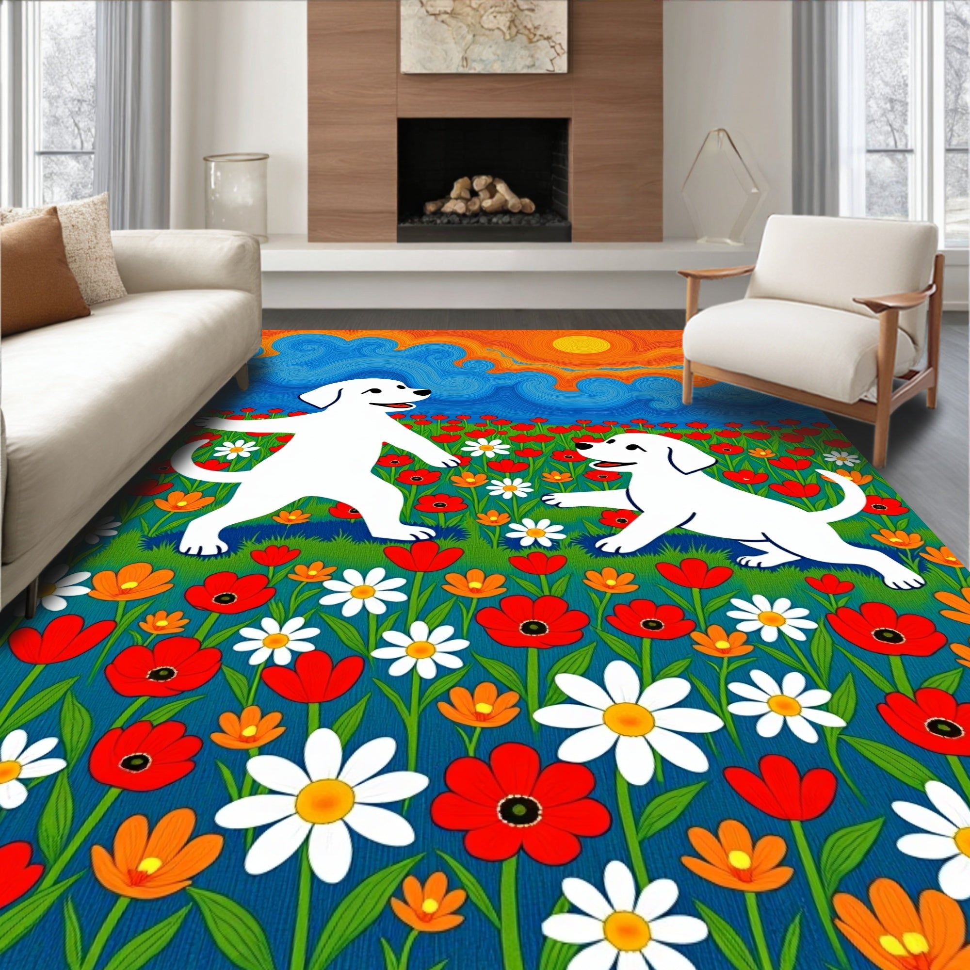 Playful White Dogs Meadow Floral Sky Rug